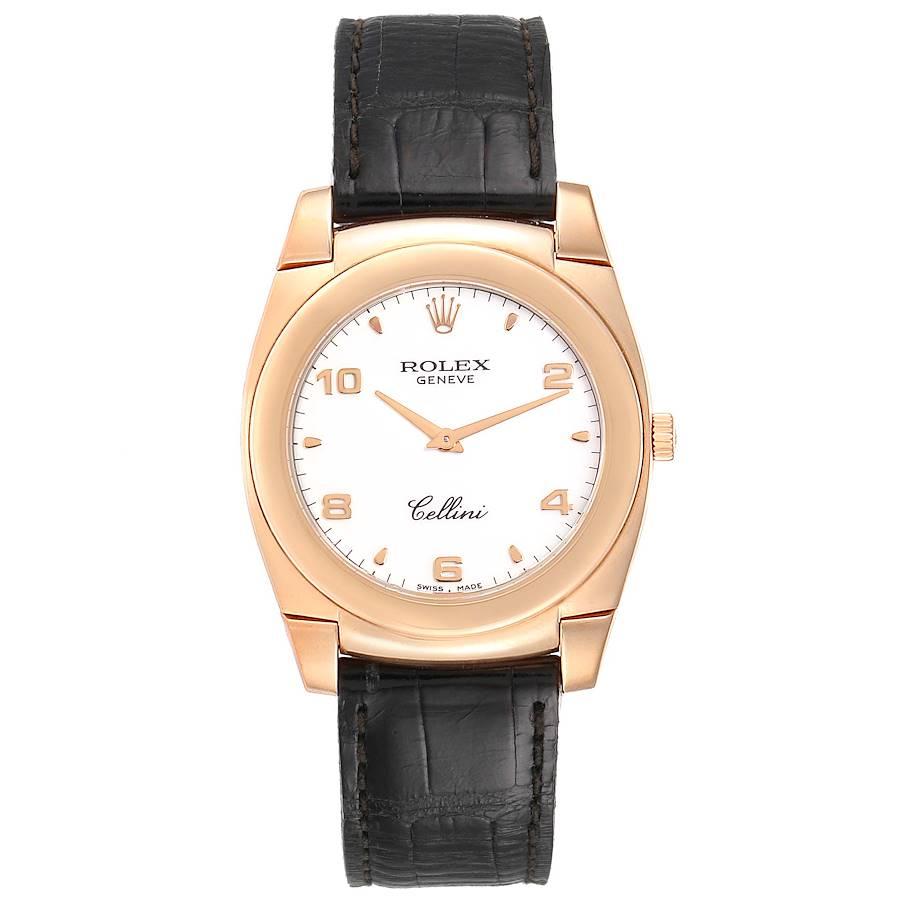 Rolex Cellini Cestello 18K Rose Gold White Dial Mens Watch 5330. Manual winding movement. 18k Rose gold cushion case 36.0 mm. Rolex logo on a crown. . Scratch resistant sapphire crystal. White dial with rose gold arabic numerals and index hour