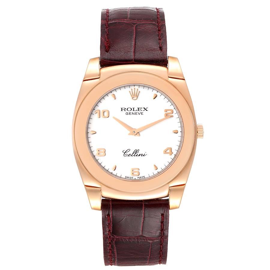 Rolex Cellini Cestello 18K Rose Gold White Dial Mens Watch 5330. Manual winding movement. 18k rose gold cushion case 36.0 mm. Rolex logo on a crown. . Scratch resistant sapphire crystal. White dial with rose gold arabic numerals and index hour
