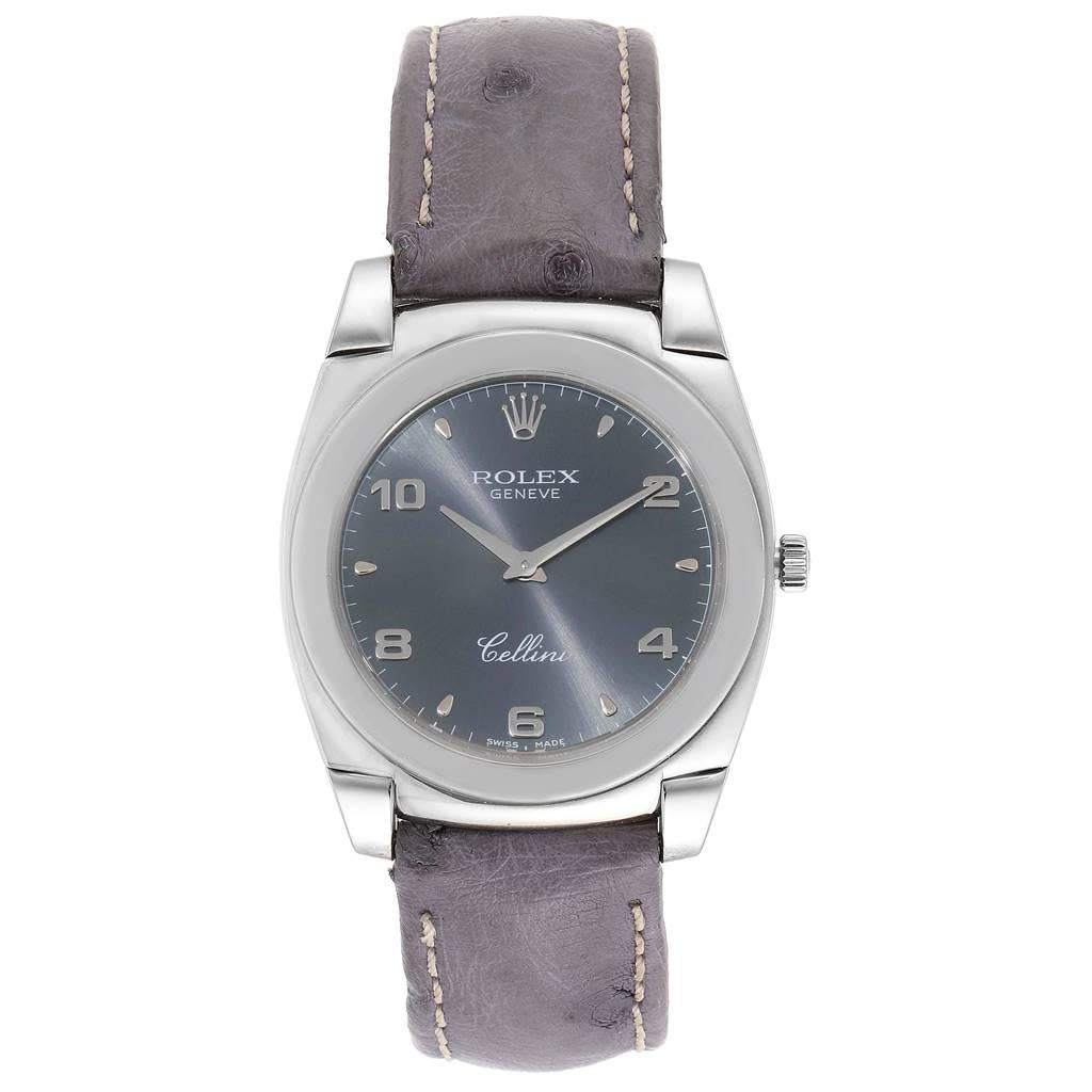 Rolex Cellini Cestello 18K White Gold Slate Dial Mens Watch 5330. Manual winding movement. 18k white gold cushion case 36.0 mm. Rolex logo on a crown. Scratch resistant sapphire crystal. Slate dial with arabic numerals. Custom grey ostrich leather