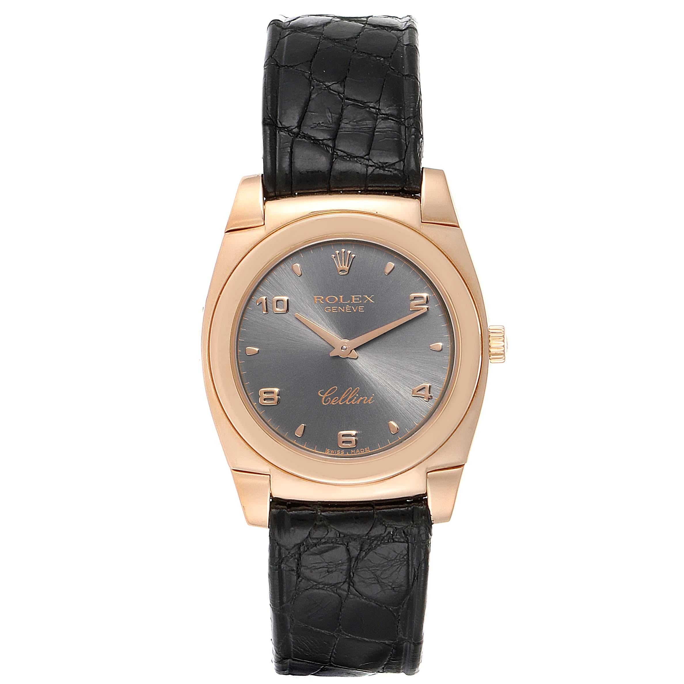 Rolex Cellini Cestello Rose Gold Slate Dial Ladies Watch 5320 Box Papers. Manual winding movement. 18k Rose gold cushion case 32.0 mm. Rolex logo on a crown. . Scratch resistant sapphire crystal. Slate dial with rose gold arabic numerals. Custom