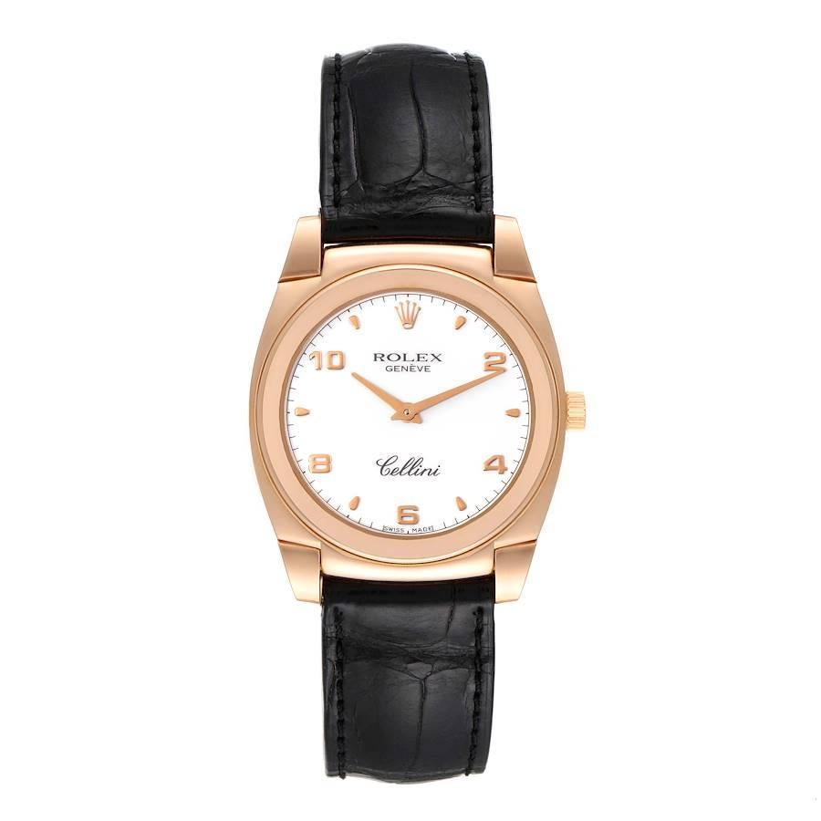 Rolex Cellini Cestello Rose Gold White Dial Ladies Watch 5320. Manual winding movement. 18k Rose gold cushion case 32.0 mm. Rolex logo on a crown. . Scratch resistant sapphire crystal. White dial with rose gold arabic numerals. Black leather strap