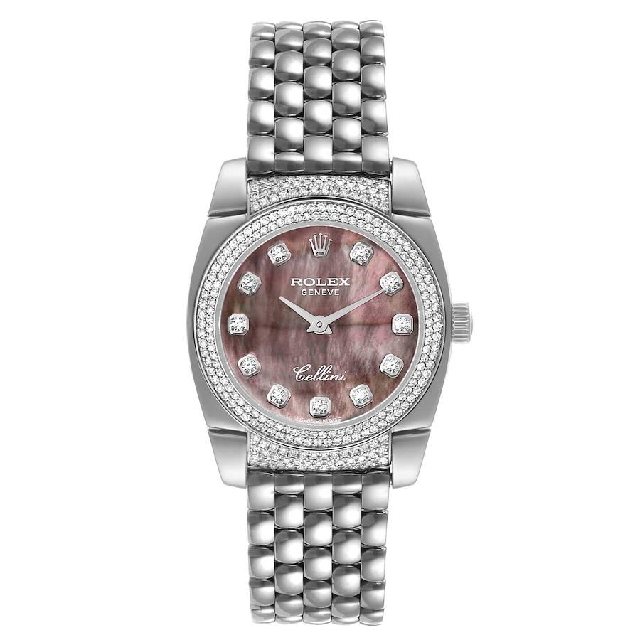 Rolex Cellini Cestello White Gold Mother of Pearl Diamond Ladies Watch 6311. Quartz movement. 18k white gold cushion case 26.0 mm in diameter. Rolex logo on the crown. Case is set with original Rolex factory diamonds on the top and bottom. 18K white