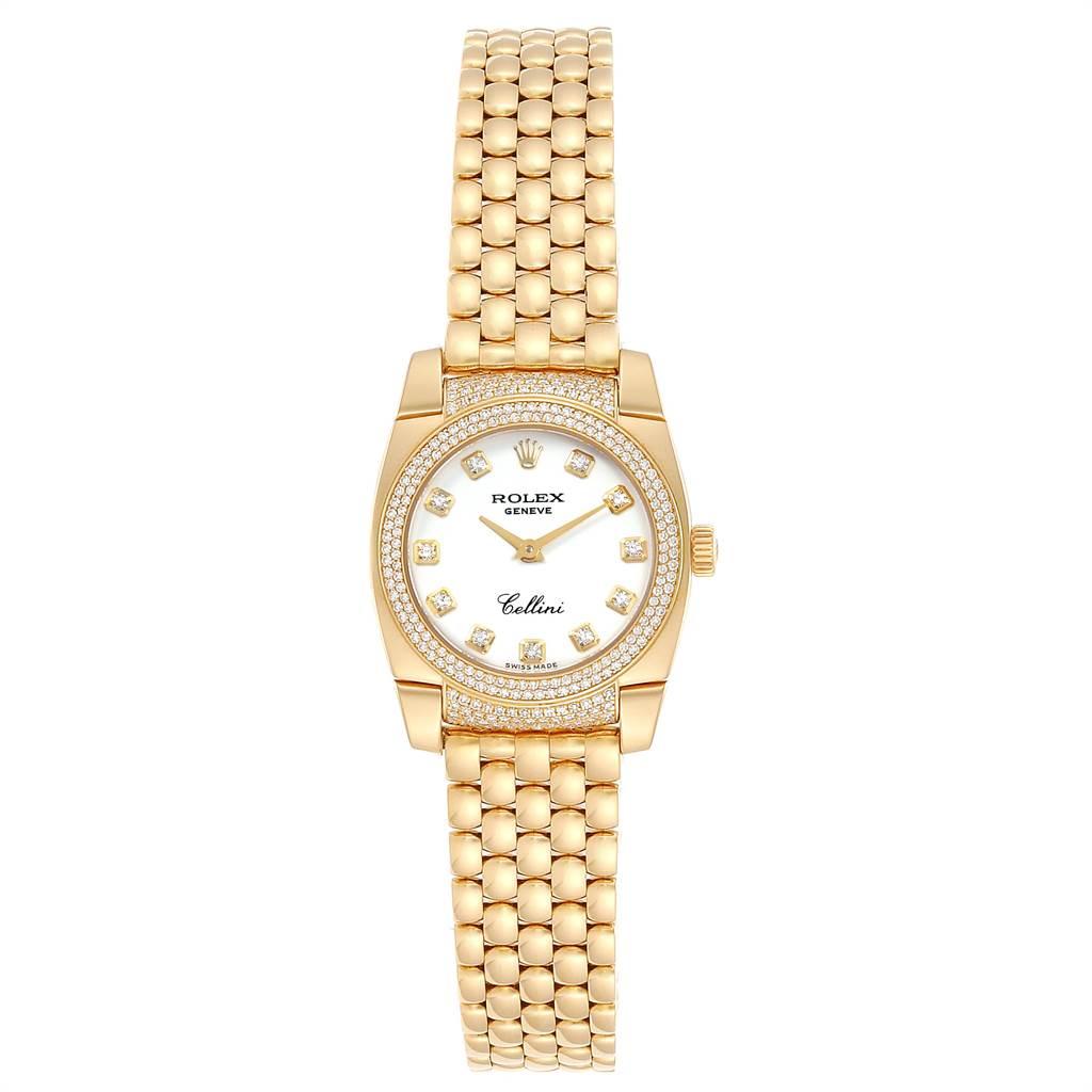 Rolex Cellini Cestello Yellow Gold Diamond Ladies Watch 6311 Box Papers. Quartz movement. 18k yellow gold cushion case 26.0 mm. Rolex logo on a crown. 18K yellow gold factory diamond bezel. Scratch resistant sapphire crystal. White dial with