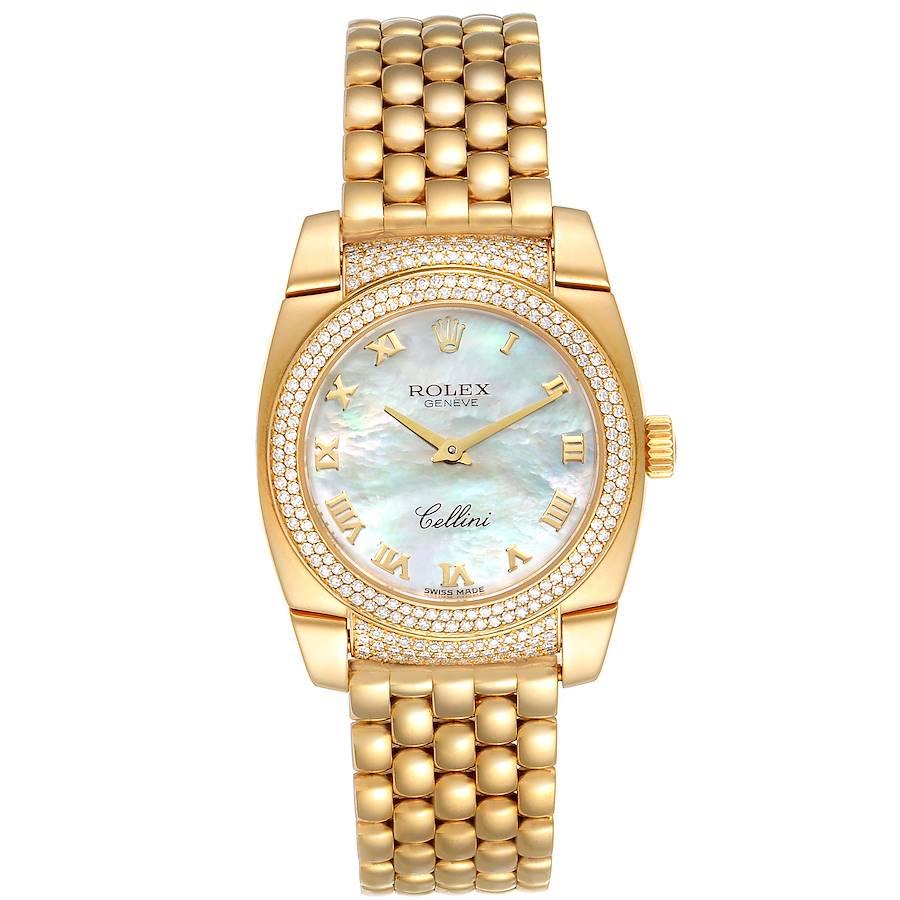 Rolex Cellini Cestello Yellow Gold MOP Diamond Ladies Watch 6311. Quartz movement. 18k yellow gold cushion case 26.0 mm. Rolex logo on a crown. 18K yellow gold factory diamond bezel. Scratch resistant sapphire crystal. Mother of pear dial with