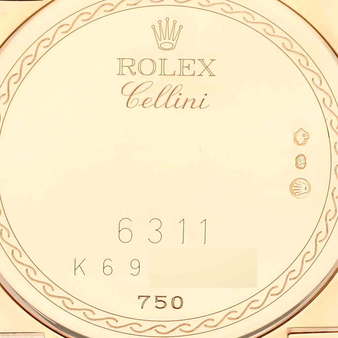 Rolex Cellini Cestello Yellow Gold Mother of Pearl Diamond Ladies Watch 6311. Quartz movement. 18k yellow gold cushion case 26.0 mm in diameter. Rolex logo on the crown. Case is set with original Rolex factory diamonds on the top and bottom. 18k