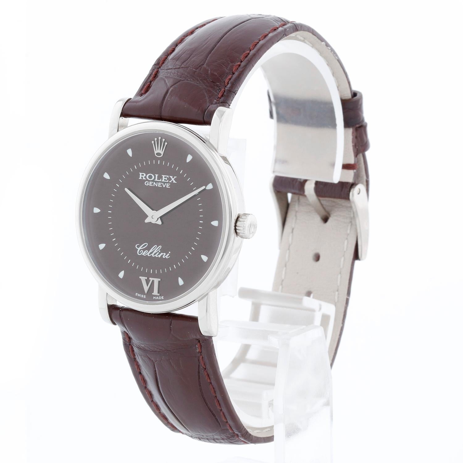 Rolex Cellini Classic 18k White Gold Men's Burgundy  Watch 5115/9 - Manual winding. 18k white gold case (32mm diameter). Burgundy brown dial. Burgundy brown  Factory Rolex strap band with 18k white gold Rolex buckle. Pre-owned with custom box and