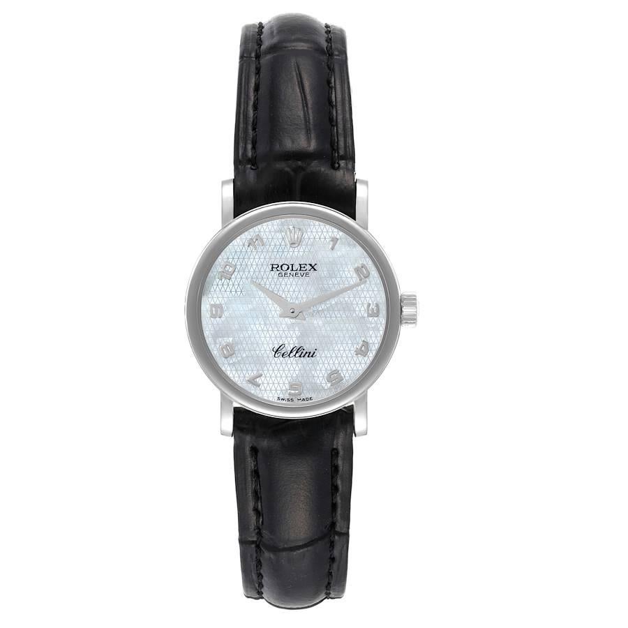 Rolex Cellini Classic 18k White Gold Silver Dial Black Strap Ladies Watch 6110. Quartz movement. 18k white gold slim case 26.0 mm in diameter. . Scratch resistant sapphire crystal. Flat profile. Decorated mother of dial with raised arabic numeral