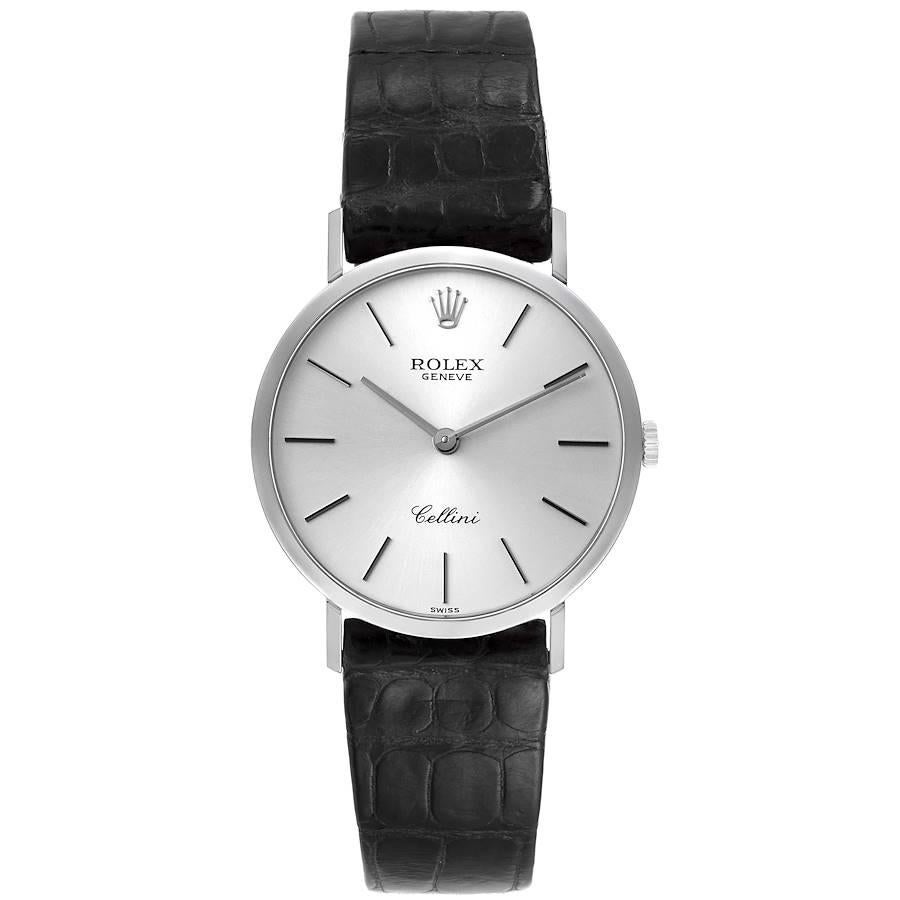 Rolex Cellini Classic 18k White Gold Silver Dial Mens Watch 4112 Papers. Manual winding movement. 18k white gold slim case 32 mm in diameter. Rolex logo on a crown. . Scratch resistant sapphire crystal. Flat profile. Silver dial with raised gold
