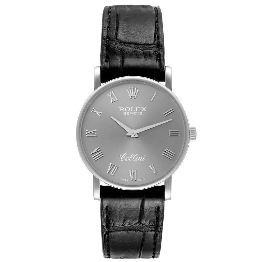 Rolex Cellini Classic 18K White Gold Slate Roman Dial Mens Watch 5115. Manual winding movement. 18K white gold slim case 31.8 x 5.5 mm in diameter. Rolex logo on a crown. . Scratch resistant sapphire crystal. Flat profile. Slate grey dial with