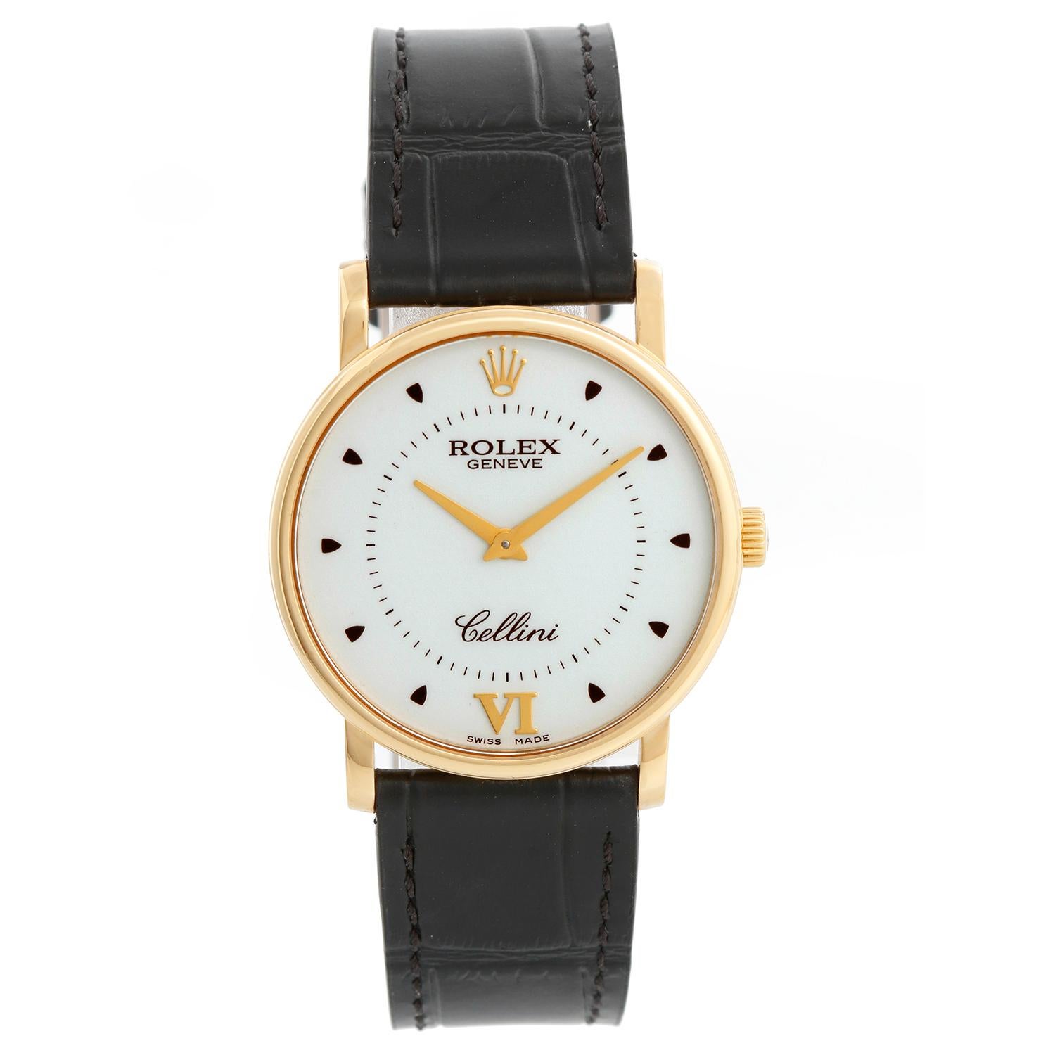Rolex Cellini Classic 18k Yellow Gold Men's Watch 5115 - Manual winding. 18k yellow gold case (32 mm). White dial with black hour markers. Black leather strap band with Rolex tang buckle. Pre-owned with custom box.