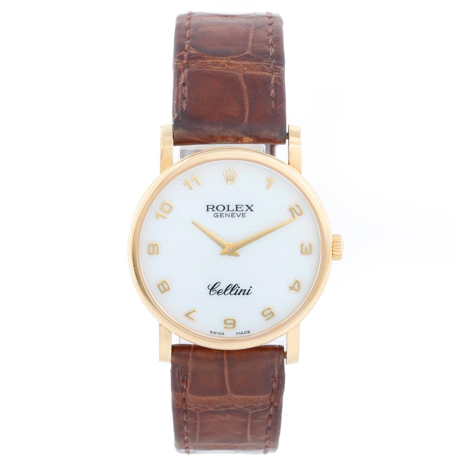 Rolex Cellini Classic 18k Yellow Gold Men's Watch 5115 - Manual winding. 18k yellow gold case (32 mm). Mother of Pearl  jubilee dial with Arabic numerals. Brown strap band with 18k yellow gold Rolex buckle. Pre-owned with custom box and card. Dated