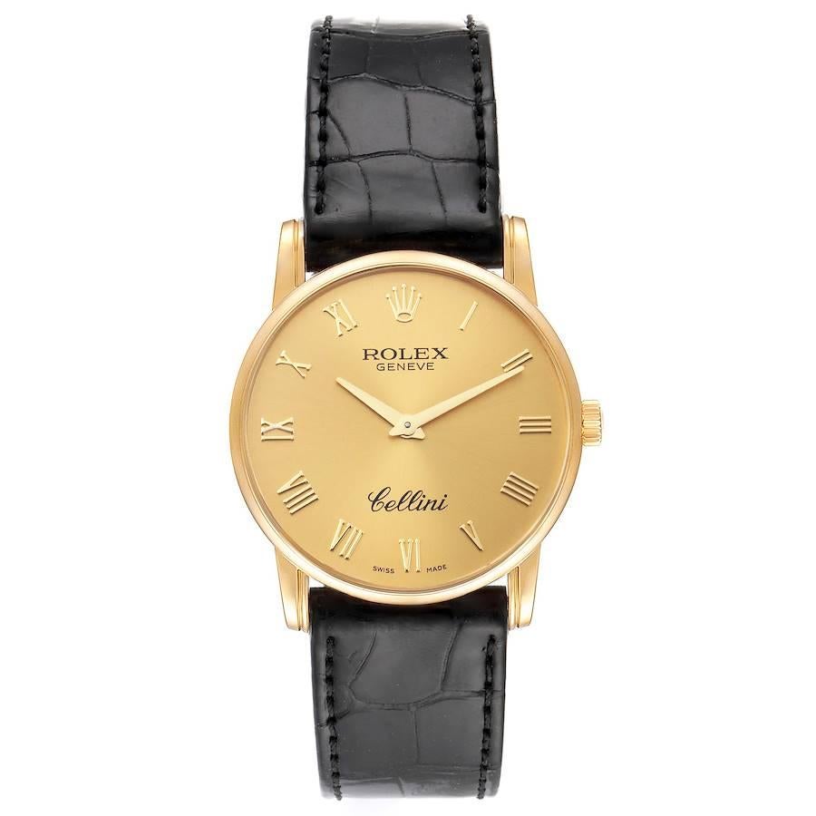 Rolex Cellini Classic 18k Yellow Gold Roman Dial Mens Watch 5116 Box Card. Manual winding movement. 18k yellow gold slim case 31.8 x 5.5 mm in diameter. Rolex logo on a crown. . Scratch resistant sapphire crystal. Flat profile. Champagne dial with