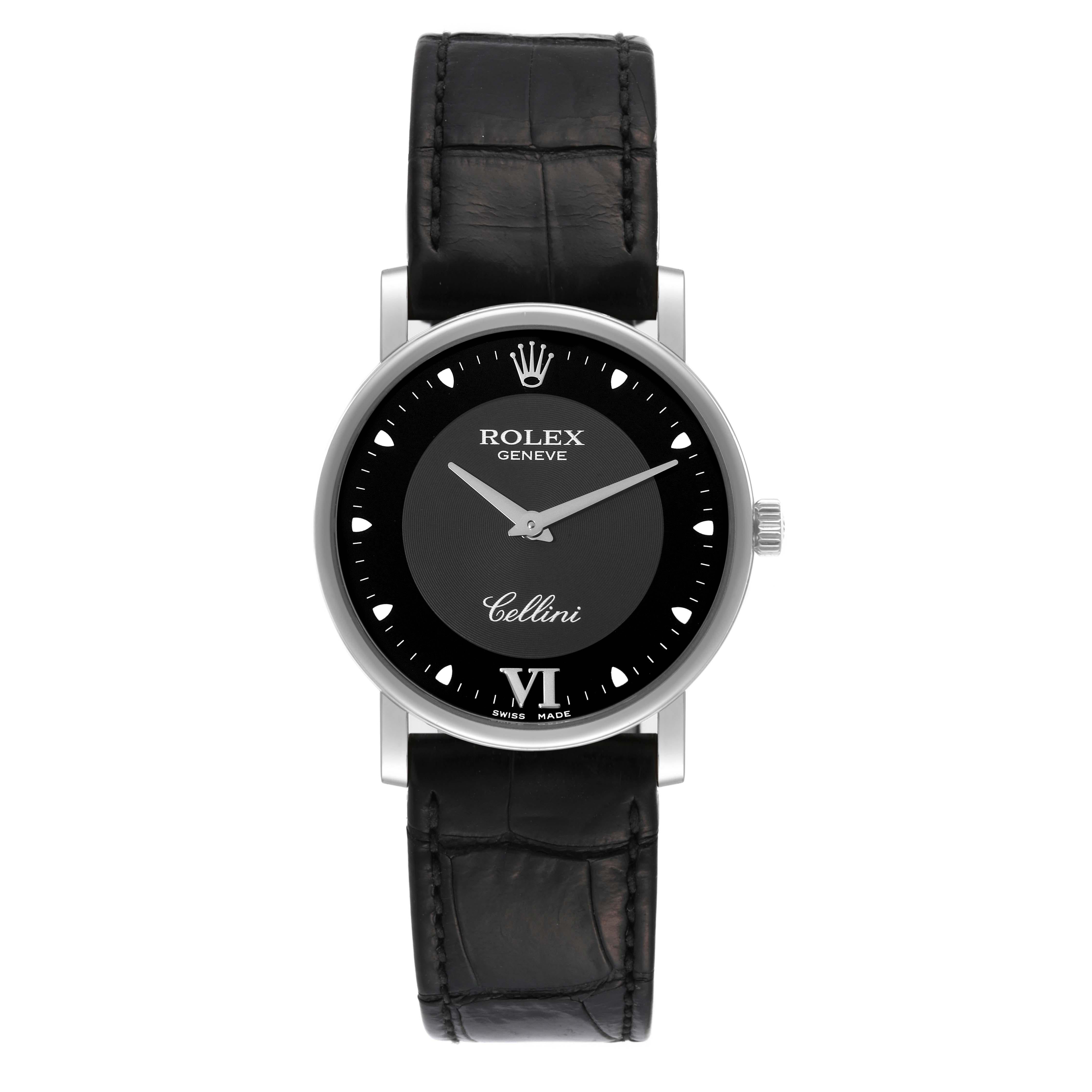 Rolex Cellini Classic 32mm White Gold Black Dial Mens Watch 5115 Card. Manual winding movement. 18K white gold slim case 31.8 x 5.5 mm in diameter. Rolex logo on a crown. . Scratch resistant sapphire crystal. Flat profile. Black dial with dot hour