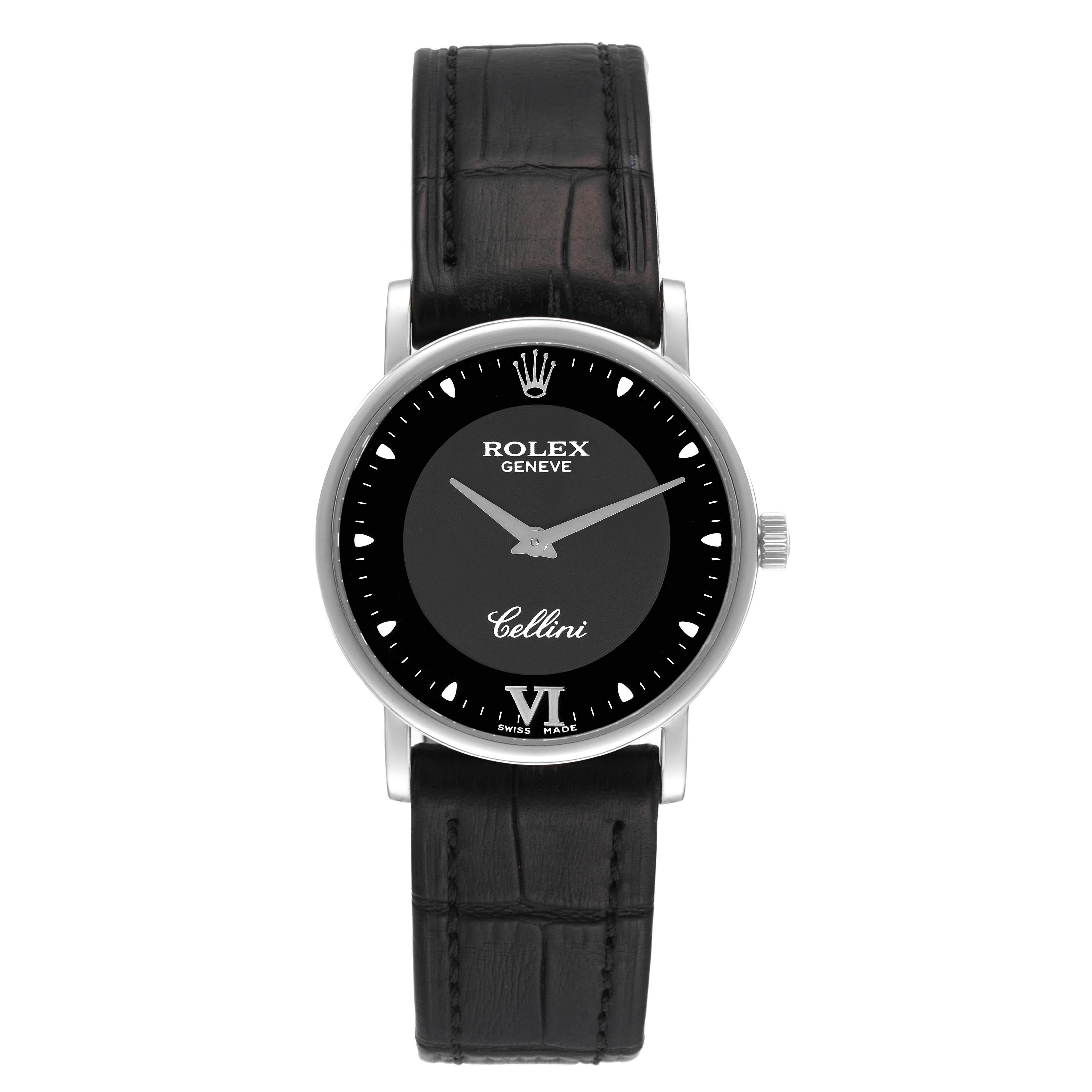 Rolex Cellini Classic 32mm White Gold Black Dial Mens Watch 5115. Manual winding movement. 18K white gold slim case 31.8 x 5.5 mm in diameter. Rolex logo on a crown. . Scratch resistant sapphire crystal. Flat profile. Black dial with dot hour