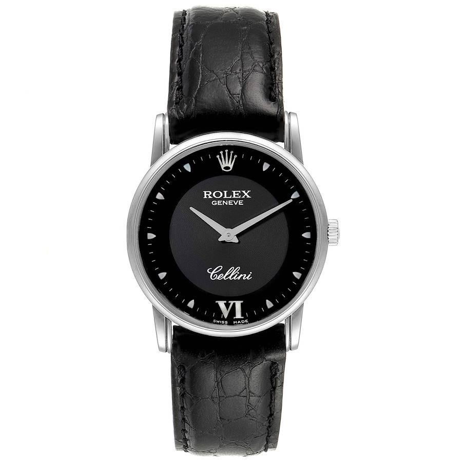 Rolex Cellini Classic Black Dial 18K White Gold Mens Watch 5116. Manual winding movement. 18k white gold slim case 31.8 x 5.5 mm in diameter. Rolex logo on a crown. . Scratch resistant sapphire crystal. Flat profile. Black dial with white painted