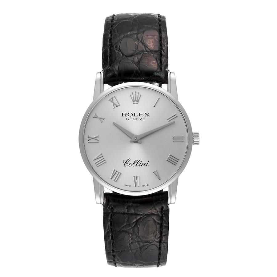 Rolex Cellini Classic Silver Dial White Gold Mens Watch 5116. Manual winding movement. 18k white gold slim case 31.8 mm in diameter. Rolex logo on the crown. . Scratch resistant sapphire crystal. Flat profile. Silver dial with white gold Roman