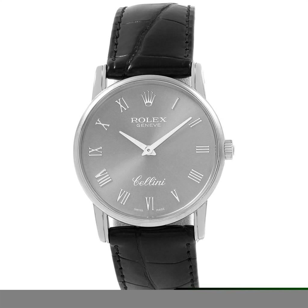 Rolex Cellini Classic Slate Dial 18k White Gold Mens Watch 5116. Manually wind movement. . 18k white gold slim case 31.8 x 5.5 mm in diameter. Rolex logo on a crown. Scratch resistant sapphire crystal. Flat profile. Slate dial with raised gold roman