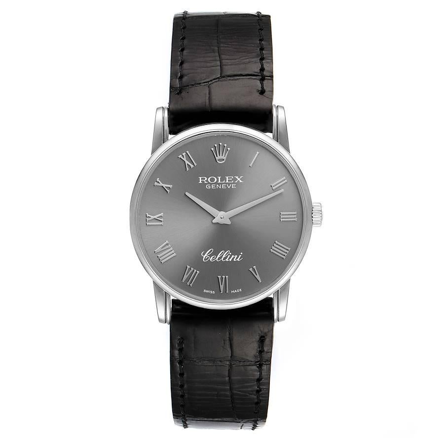 Rolex Cellini Classic Slate Dial 18k White Gold Mens Watch 5116. Manual winding movement. 18k white gold slim case 31.8 x 5.5 mm in diameter. Rolex logo on a crown. . Scratch resistant sapphire crystal. Flat profile. Slate dial with raised gold