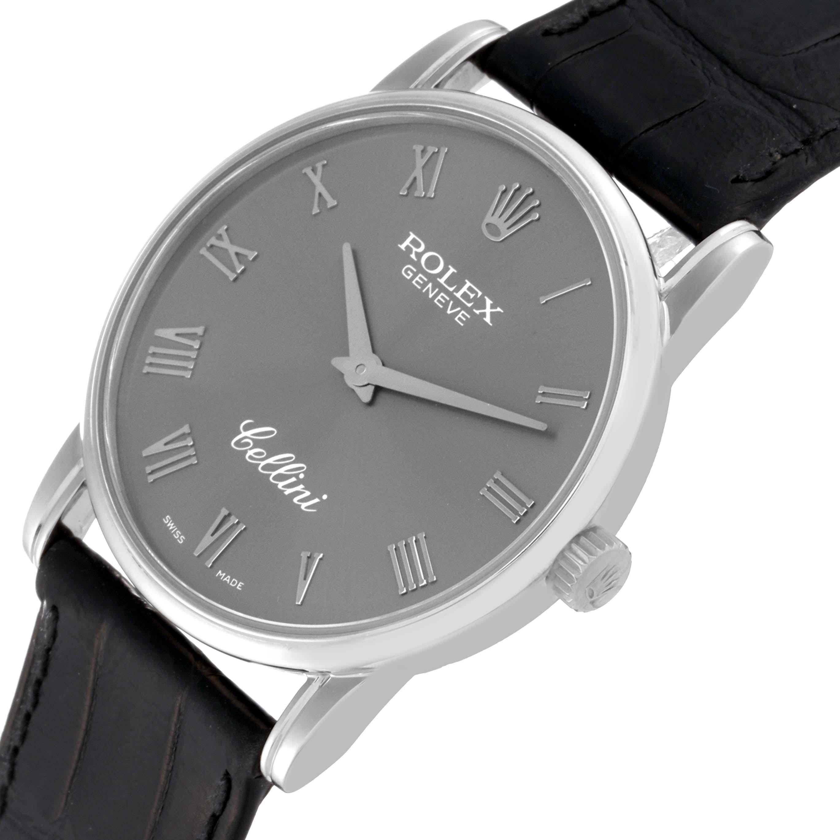Rolex Cellini Classic Slate Dial White Gold Mens Watch 5116 Papers. Manual winding movement. 18k white gold slim case 31.8 mm in diameter. Rolex logo on the crown. . Scratch resistant sapphire crystal. Flat profile. Slate grey dial with raised white