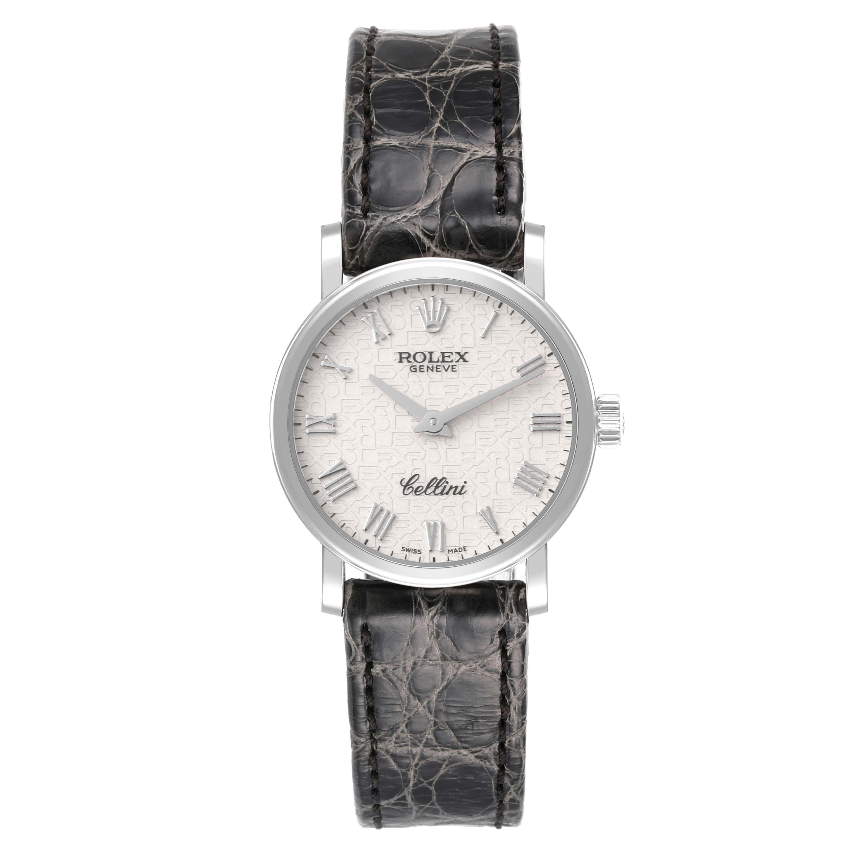 Rolex Cellini Classic White Gold Anniversary Dial Ladies Watch 6110 Unworn. Quartz movement. 18k white gold slim case 26.0 mm in diameter. . Scratch resistant sapphire crystal. Flat profile. Ivory jubilee anniversary dial with raised Roman numeral