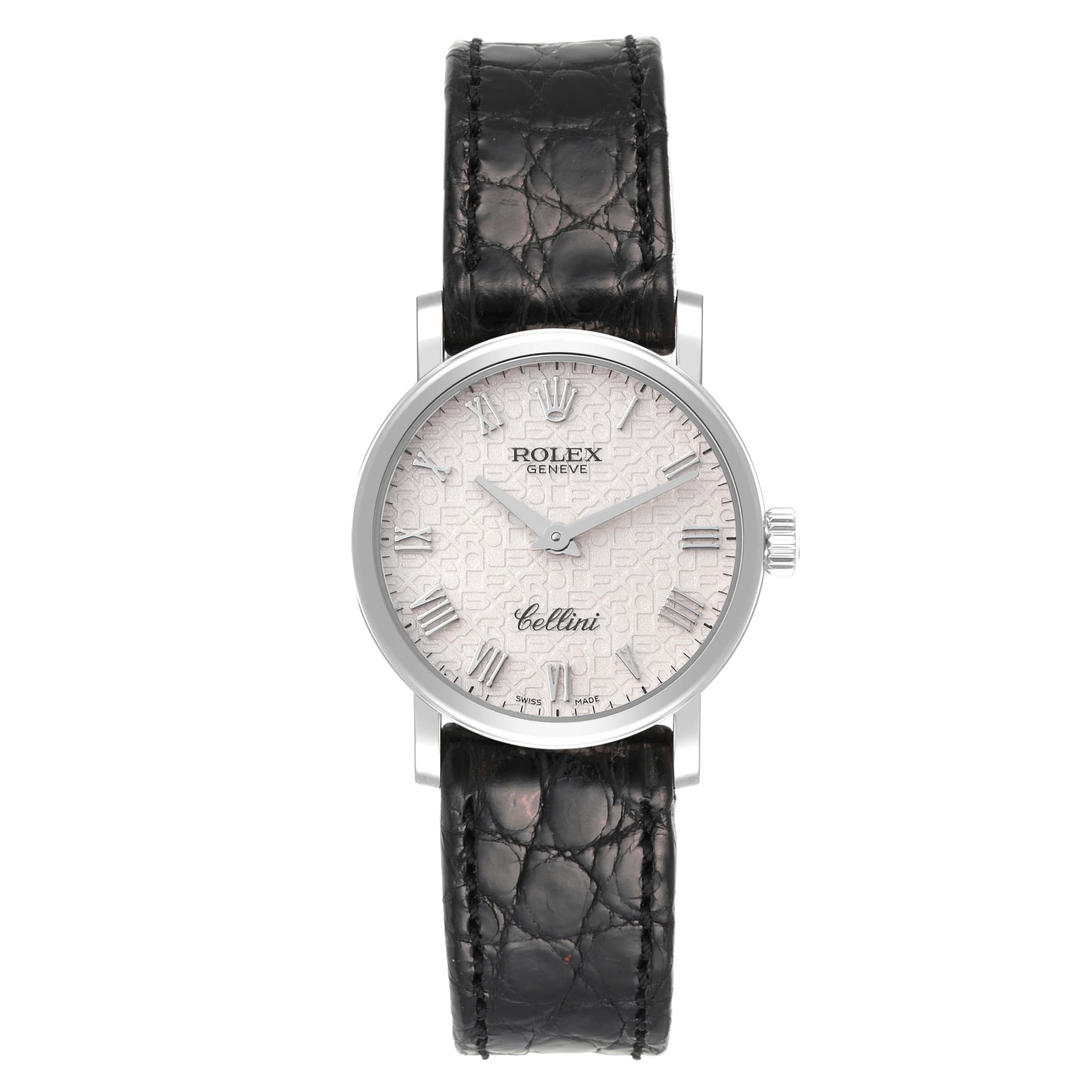 Rolex Cellini Classic White Gold Anniversary Dial Ladies Watch 6110 Unworn. Quartz movement. 18k white gold slim case 26.0 mm in diameter. . Scratch resistant sapphire crystal. Flat profile. Ivory jubilee anniversary dial with raised Roman numeral