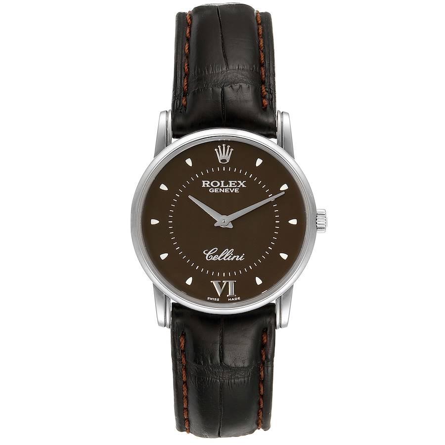 Rolex Cellini Classic White Gold Brown Dial Watch 5116 Papers. Manual winding movement. 18k white gold slim case 31.8 x 5.5 mm in diameter. Rolex logo on a crown. . Scratch resistant sapphire crystal. Flat profile. Brown dial with black white