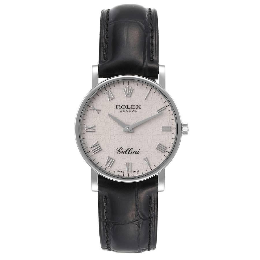 Rolex Cellini Classic White Gold Ivory Anniversary Dial Mens Watch 5115. Manual winding movement. 18K white gold slim case 31.8 mm in diameter. Rolex logo on the crown. . Scratch resistant flat sapphire crystal. Ivory jubilee anniversary dial with