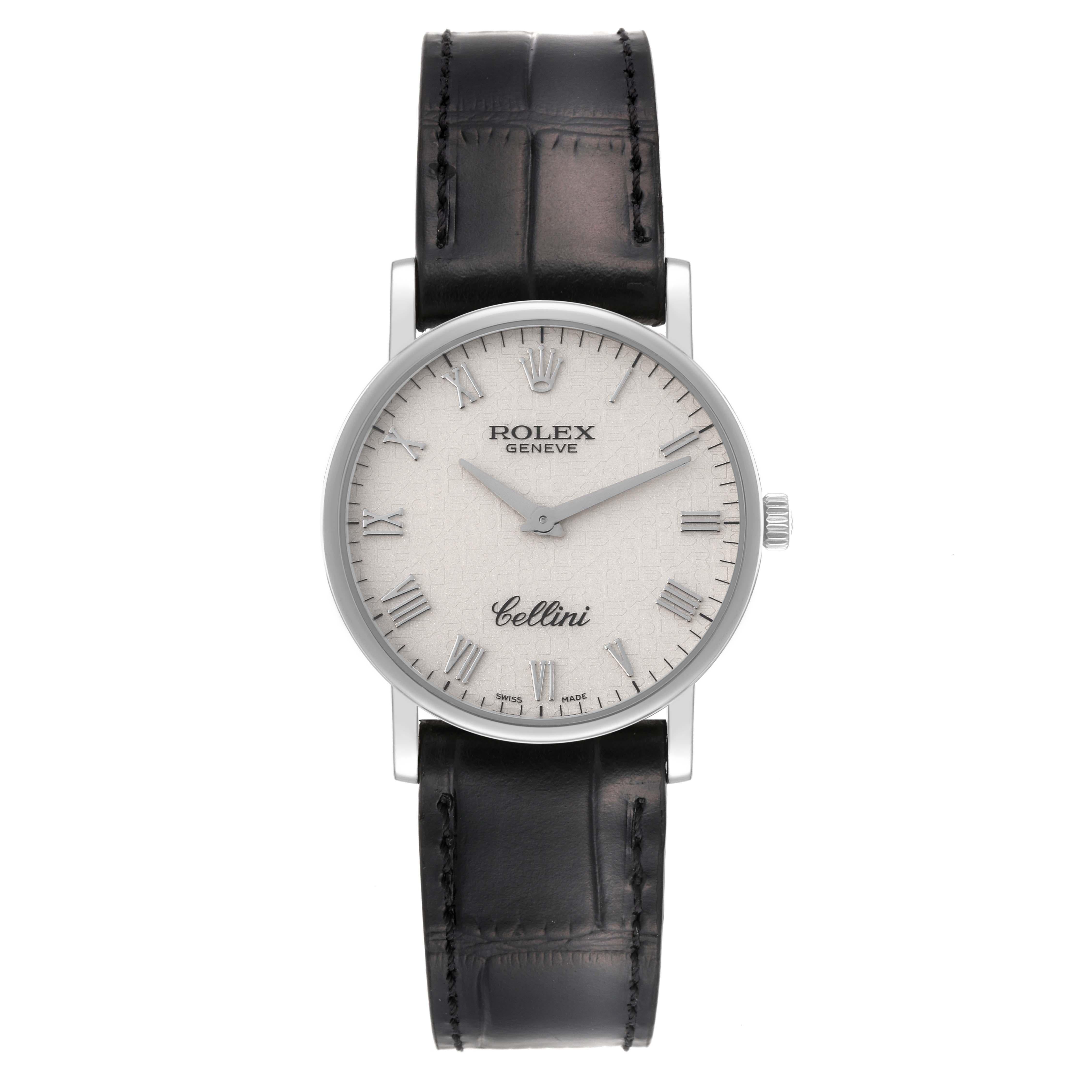 Rolex Cellini Classic White Gold Ivory Anniversary Dial Mens Watch 5115. Manual winding movement. 18K white gold slim case 32mm in diameter. 5.5mm case thickness. Rolex logo on the crown. . Scratch resistant sapphire crystal. Flat profile. Ivory