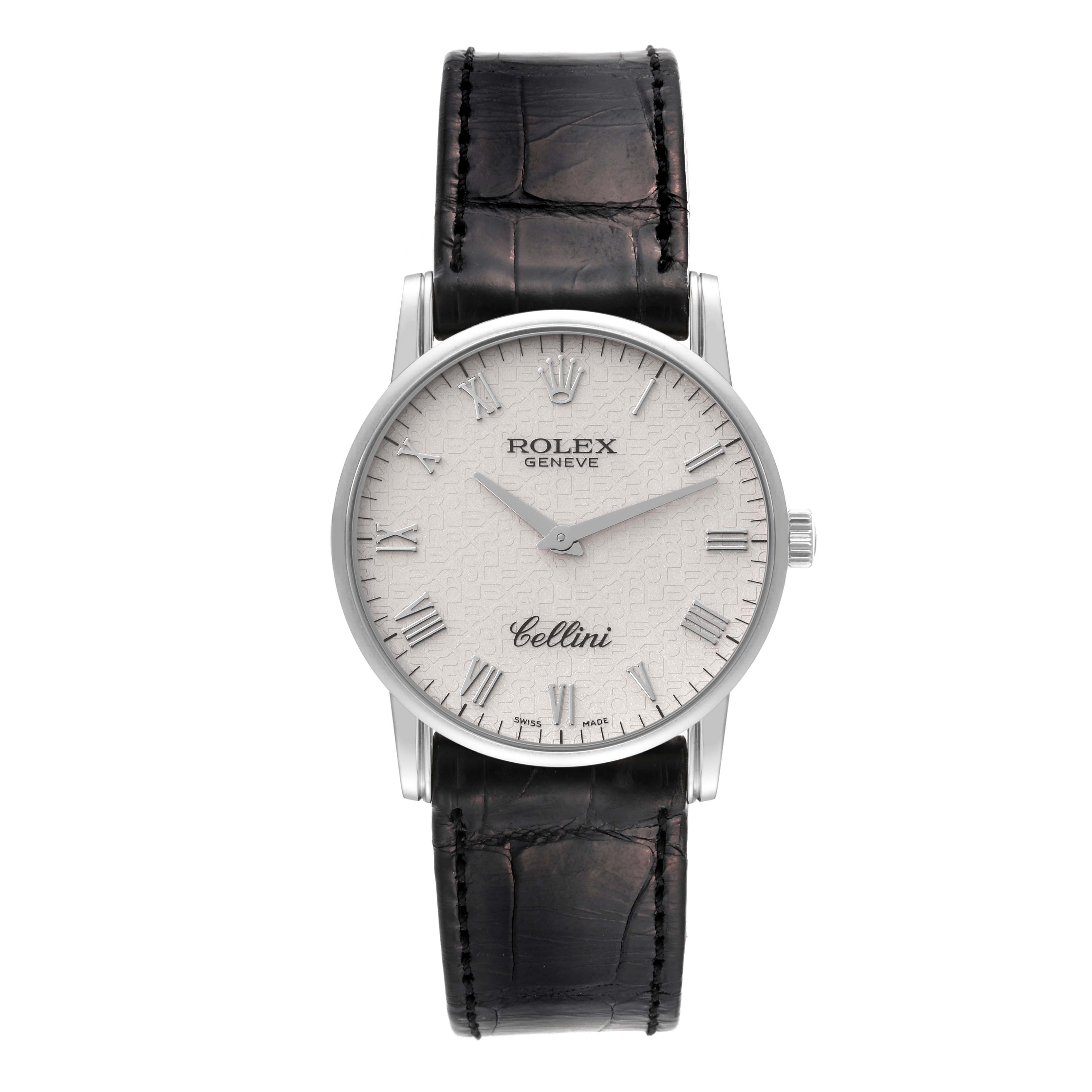 Rolex Cellini Classic White Gold Ivory Anniversary Dial Mens Watch 5116 Card. Manual winding movement. 18k white gold slim case 32mm in diameter. 5.5mm case thickness. Rolex logo on the crown. . Scratch resistant sapphire crystal. Flat profile.