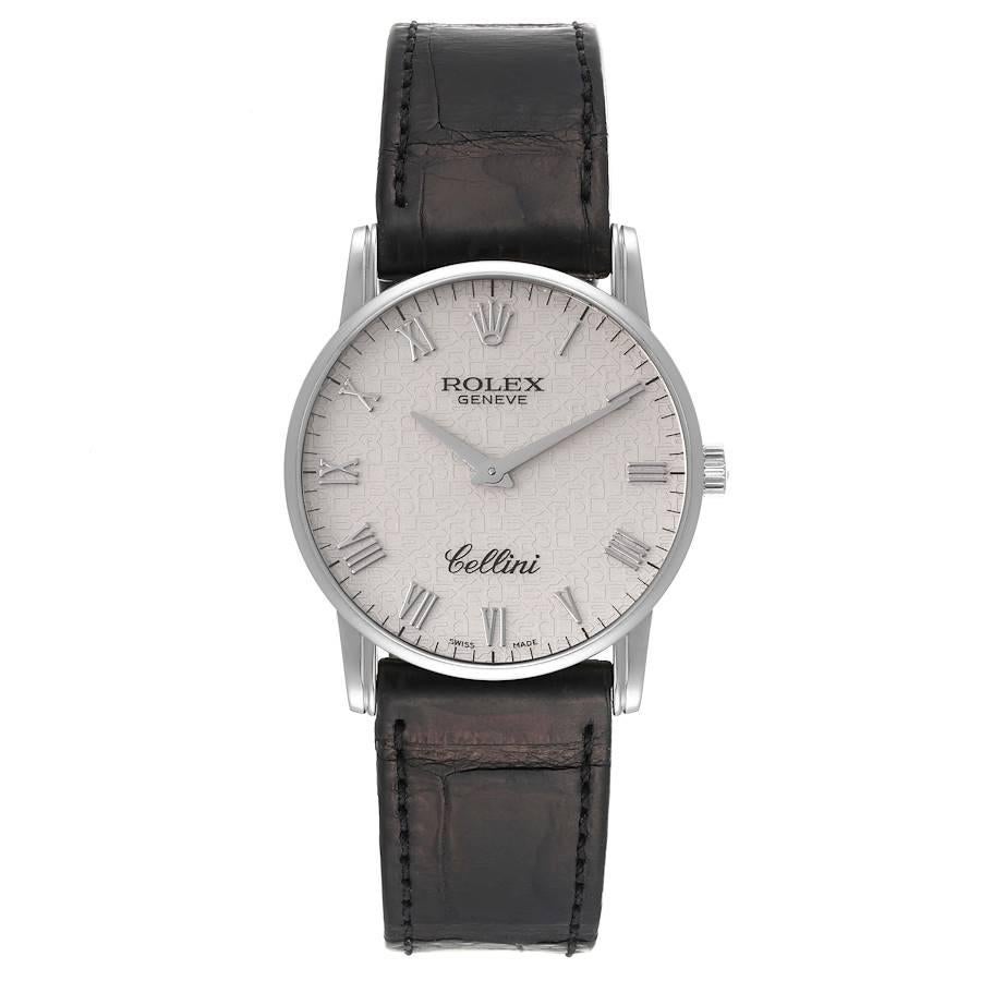 Rolex Cellini Classic White Gold Ivory Anniversary Dial Mens Watch 5116. Manual winding movement. 18k white gold slim case 32mm in diameter. 5.5mm case thickness. Rolex logo on the crown. . Scratch resistant sapphire crystal. Flat profile. Ivory