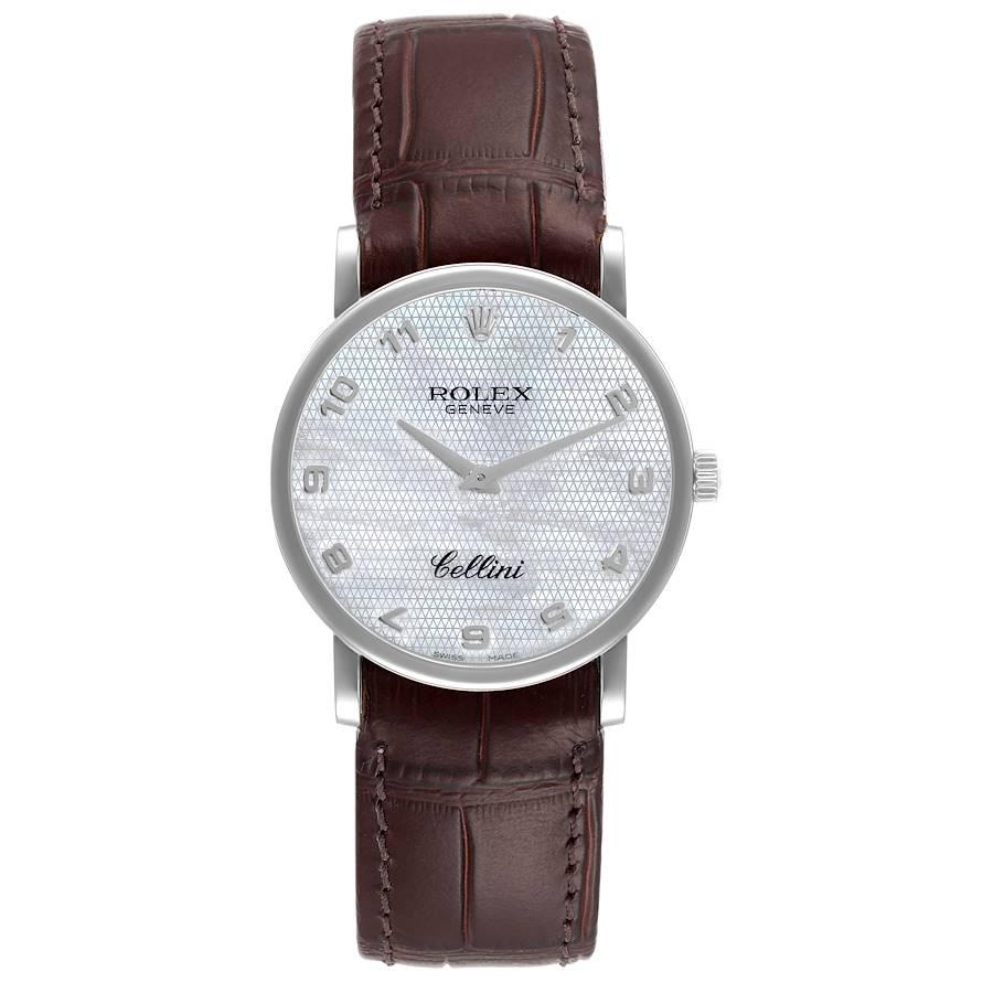 Rolex Cellini Classic White Gold MOP Dial Mens Watch 5115. Manual winding movement. 18K white gold slim case 31.8 x 5.5 mm in diameter. Rolex logo on a crown. . Scratch resistant sapphire crystal. Flat profile. Textured mother of pearl dial with