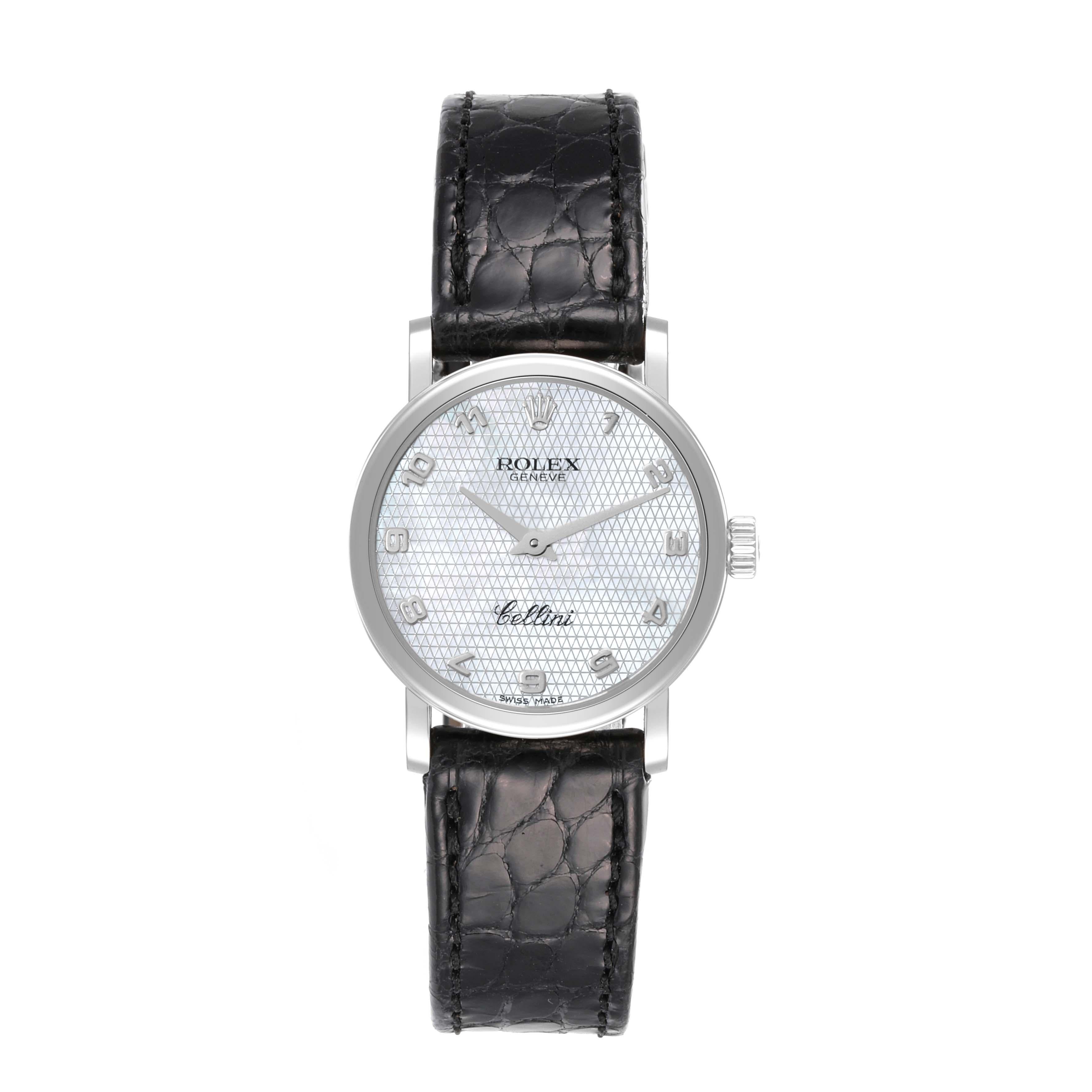 Rolex Cellini Classic White Gold Mother Of Pearl Dial Ladies Watch 6110 Unworn. Quartz movement. 18k white gold slim case 26.0 mm in diameter. . Scratch resistant sapphire crystal. Flat profile. Textured mother of pearl dial with raised Arabic