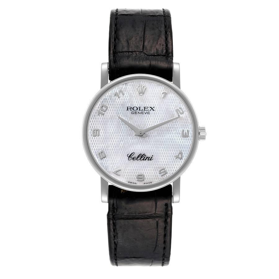 Rolex Cellini Classic White Gold Mother of Pearl Dial Mens Watch 5115 Box Card. Manual winding movement. 18K white gold slim case 32 mm in diameter. Case thickness: 5.5 mm. Rolex logo on the crown. . Scratch resistant sapphire crystal. Flat profile.