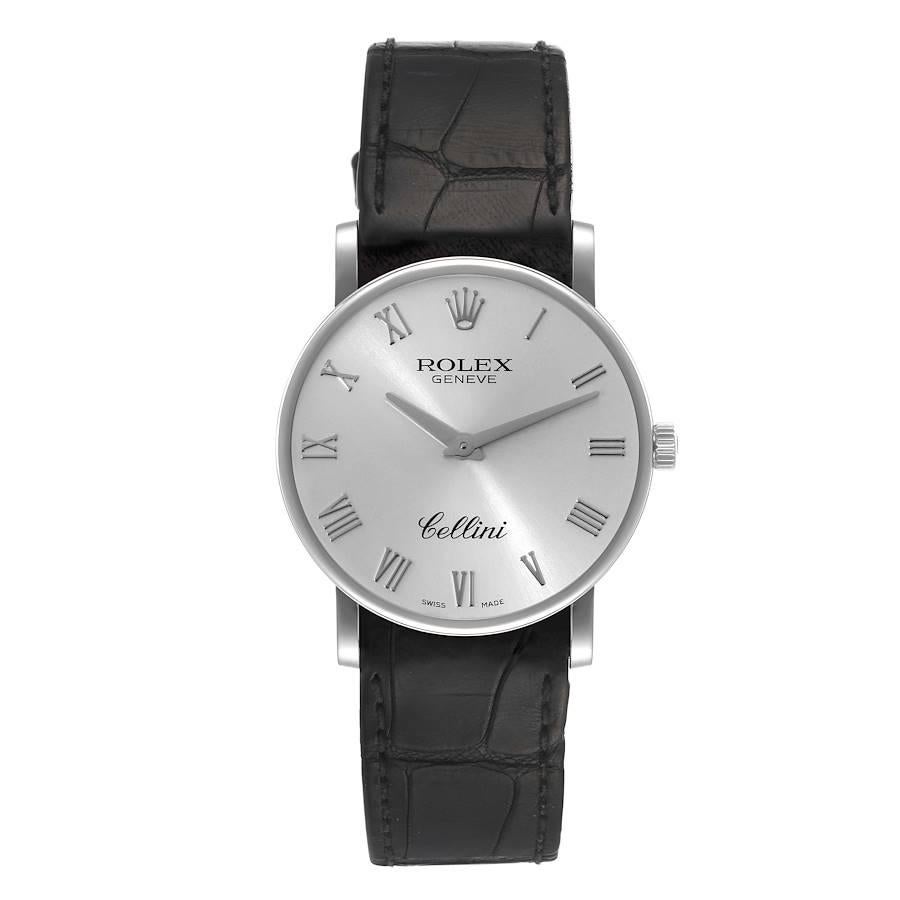 Rolex Cellini Classic White Gold Silver Dial Mens Watch 5115. Manual winding movement. 18K white gold slim case 31.8 x 5.5 mm in diameter. Rolex logo on the crown. . Scratch resistant sapphire crystal. Flat profile. Silver dial with applied Roman
