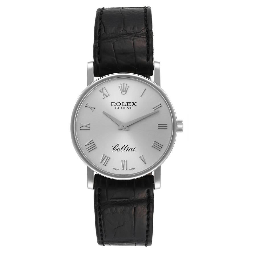 Rolex Cellini Classic White Gold Silver Dial Mens Watch 5115. Manual winding movement. 18K white gold slim case 31.8 x 5.5 mm in diameter. Rolex logo on the crown. . Scratch resistant sapphire crystal. Flat profile. Silver dial with applied Roman