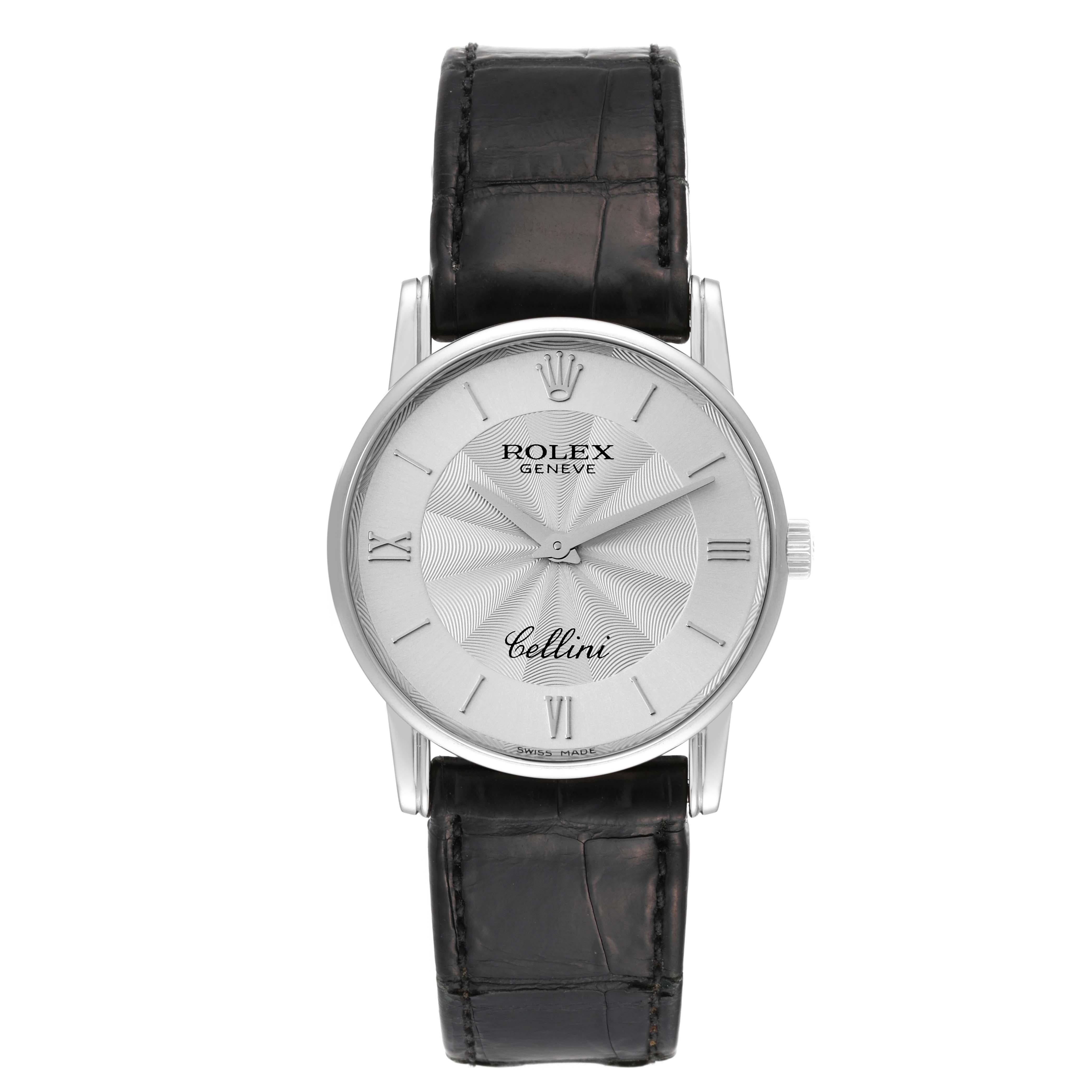 Rolex Cellini Classic White Gold Silver Guilloche Dial Mens Watch 5116. Manual winding movement. 18k white gold slim case 31.8 x 5.5 mm in diameter. Rolex logo on the crown. . Scratch resistant sapphire crystal. Flat profile. Silver dial with