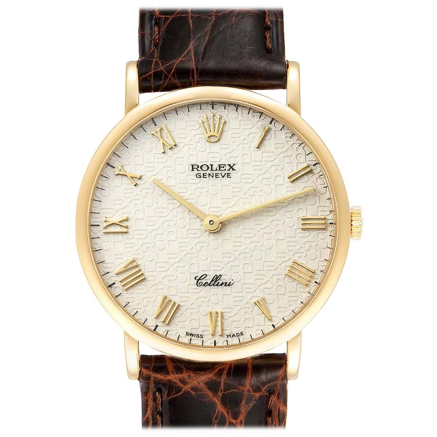 Rolex Cellini Classic Yellow Gold Anniversary Dial Black Strap Watch 5112 For Sale