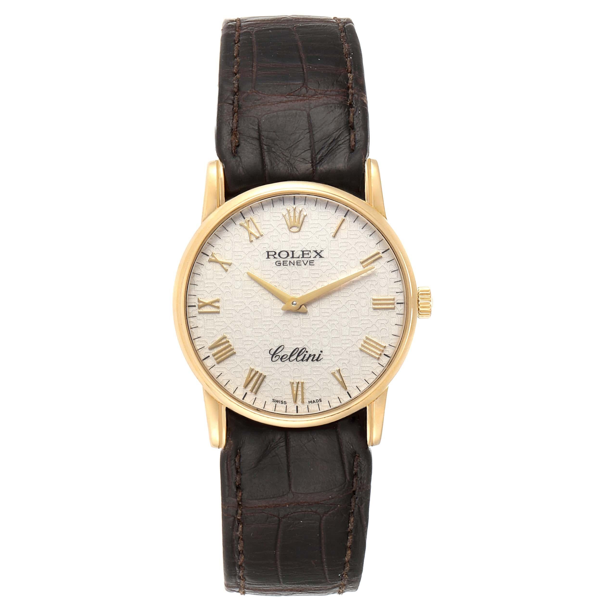 Rolex Cellini Classic Yellow Gold Anniversary Dial Brown Strap Watch 5116. Manual winding movement. 18k yellow gold slim case 31.8 x 5.5 mm in diameter. Rolex logo on a crown. . Scratch resistant sapphire crystal. Flat profile. Ivory jubilee
