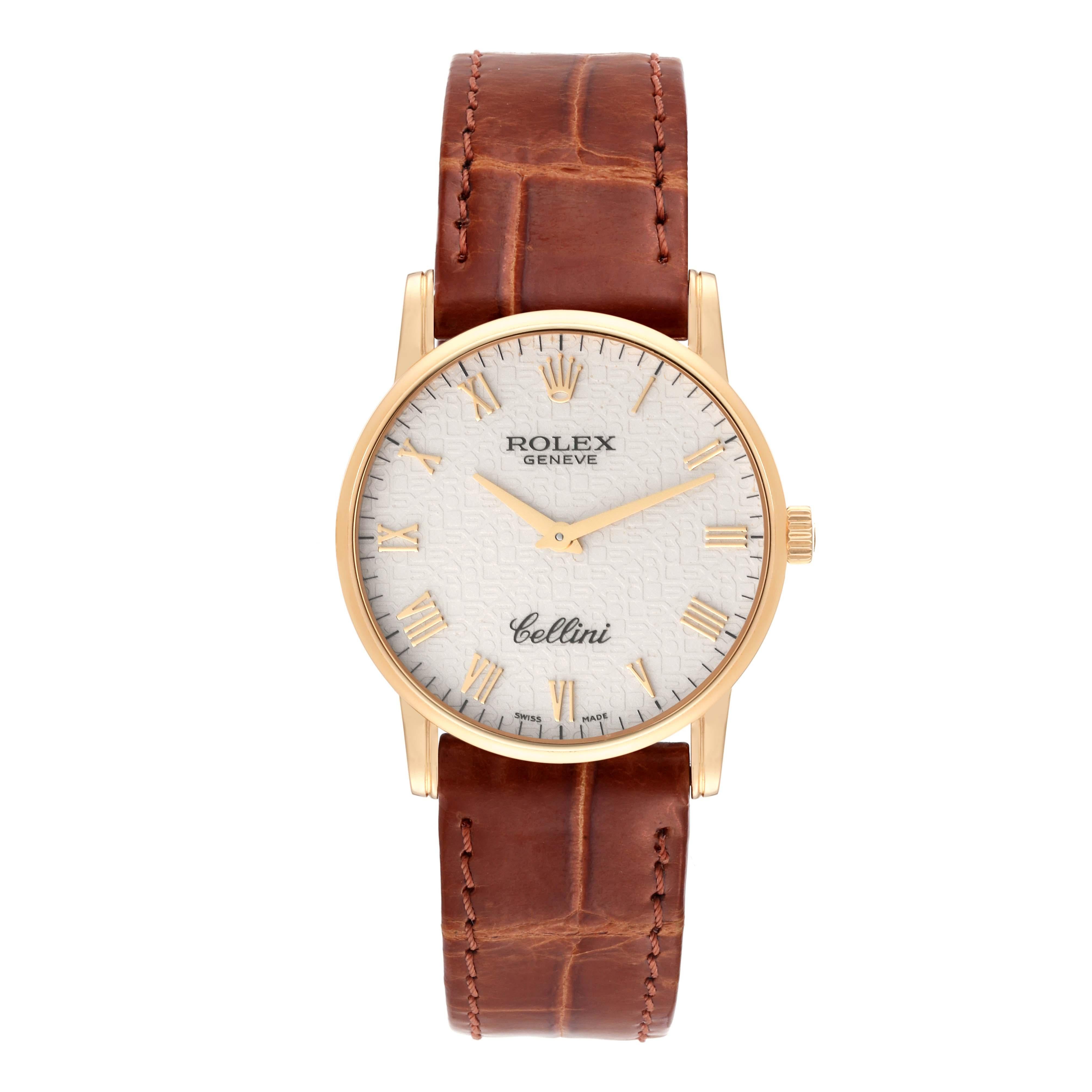 Rolex Cellini Classic Yellow Gold Anniversary Dial Mens Watch 5116. Manual winding movement. 18k yellow gold slim case 31.8 x 5.5 mm in diameter. Rolex logo on the crown. . Scratch resistant sapphire crystal. Flat profile. Ivory jubilee anniversary