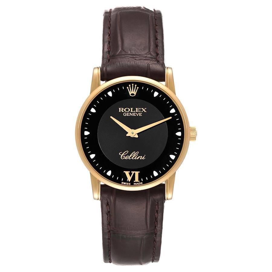 Rolex Cellini Classic Yellow Gold Black Dial Mens Watch 5116 Card. Manual winding movement. 18k yellow gold slim case 31.8 x 5.5 mm in diameter. Rolex logo on a crown. . Scratch resistant sapphire crystal. Flat profile. Black dial with white painted