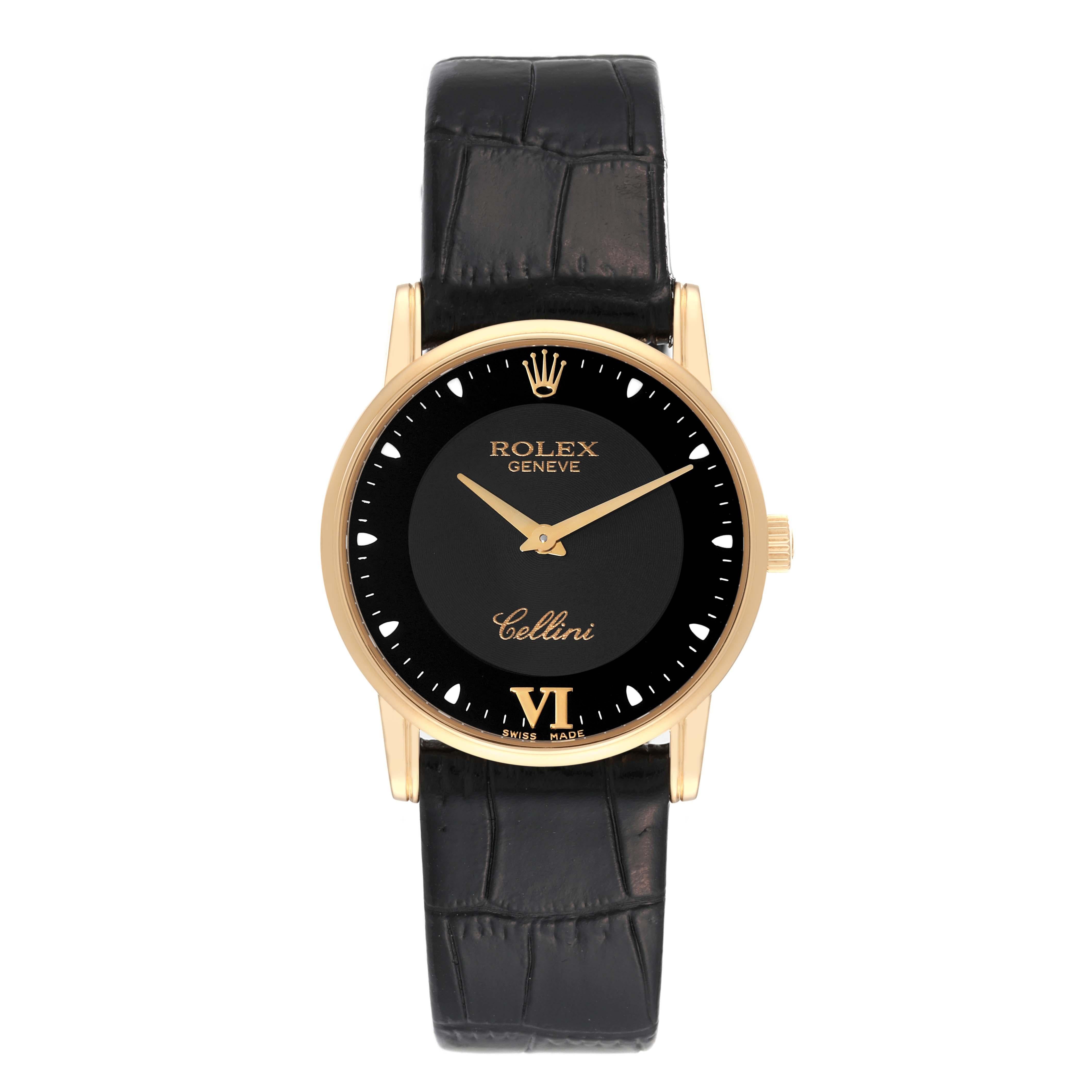 Rolex Cellini Classic Yellow Gold Black Dial Mens Watch 5116. Manual winding movement. 18k yellow gold slim case 31.8 x 5.5 mm in diameter. Rolex logo on a crown. . Scratch resistant sapphire crystal. Flat profile. Black dial with white hour markers
