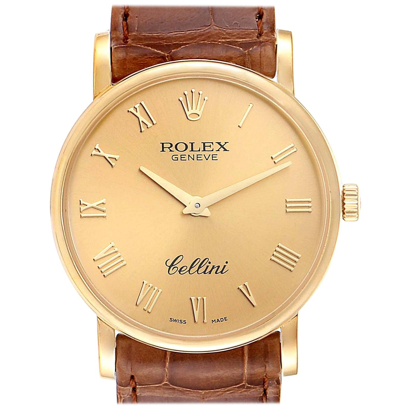 Rolex Cellini Classic Yellow Gold Brown Strap Men's Watch 5115