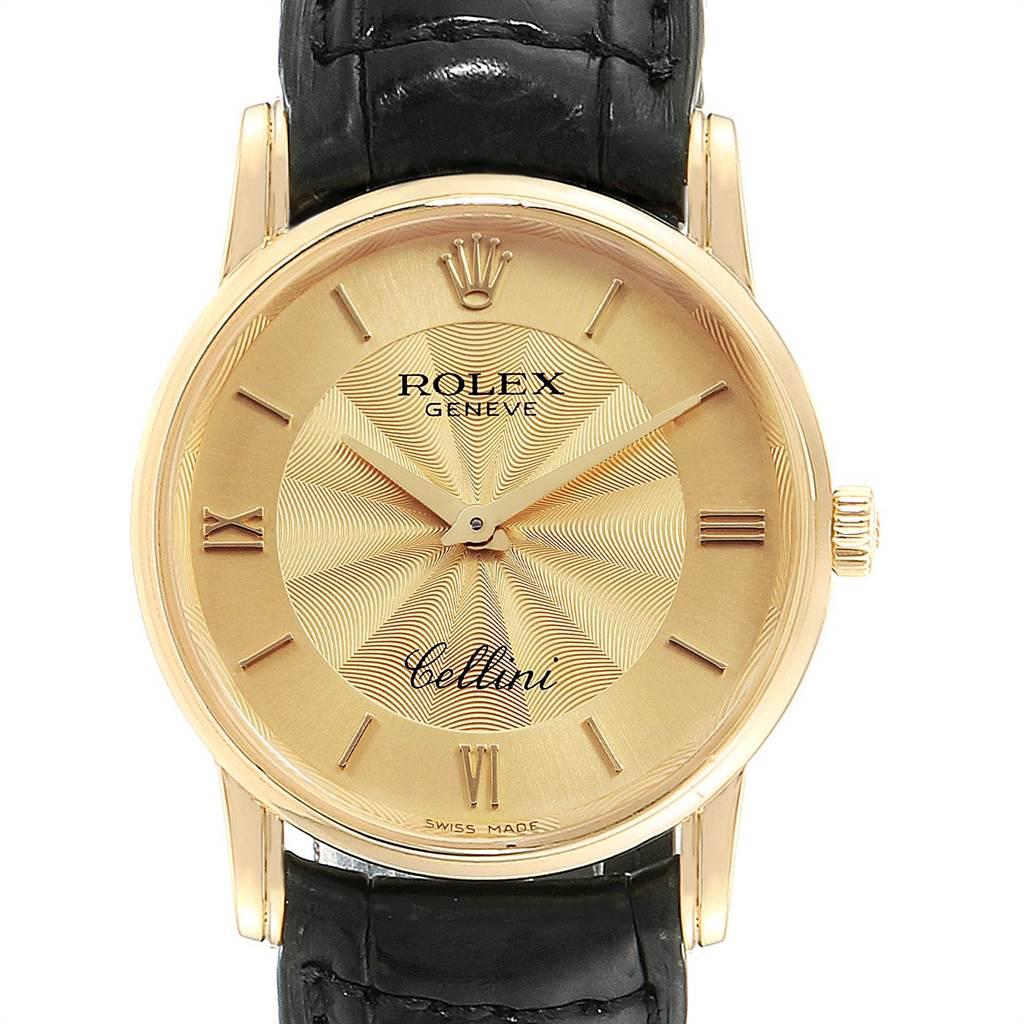 Rolex Cellini Classic Yellow Gold Decorated Dial Watch 5116. Manual-winding movement. 18k yellow gold slim case 31.8 x 5.5 mm in diameter. Rolex logo on a crown. Scratch resistant sapphire crystal. Flat profile. Champagne decorated dial with raised