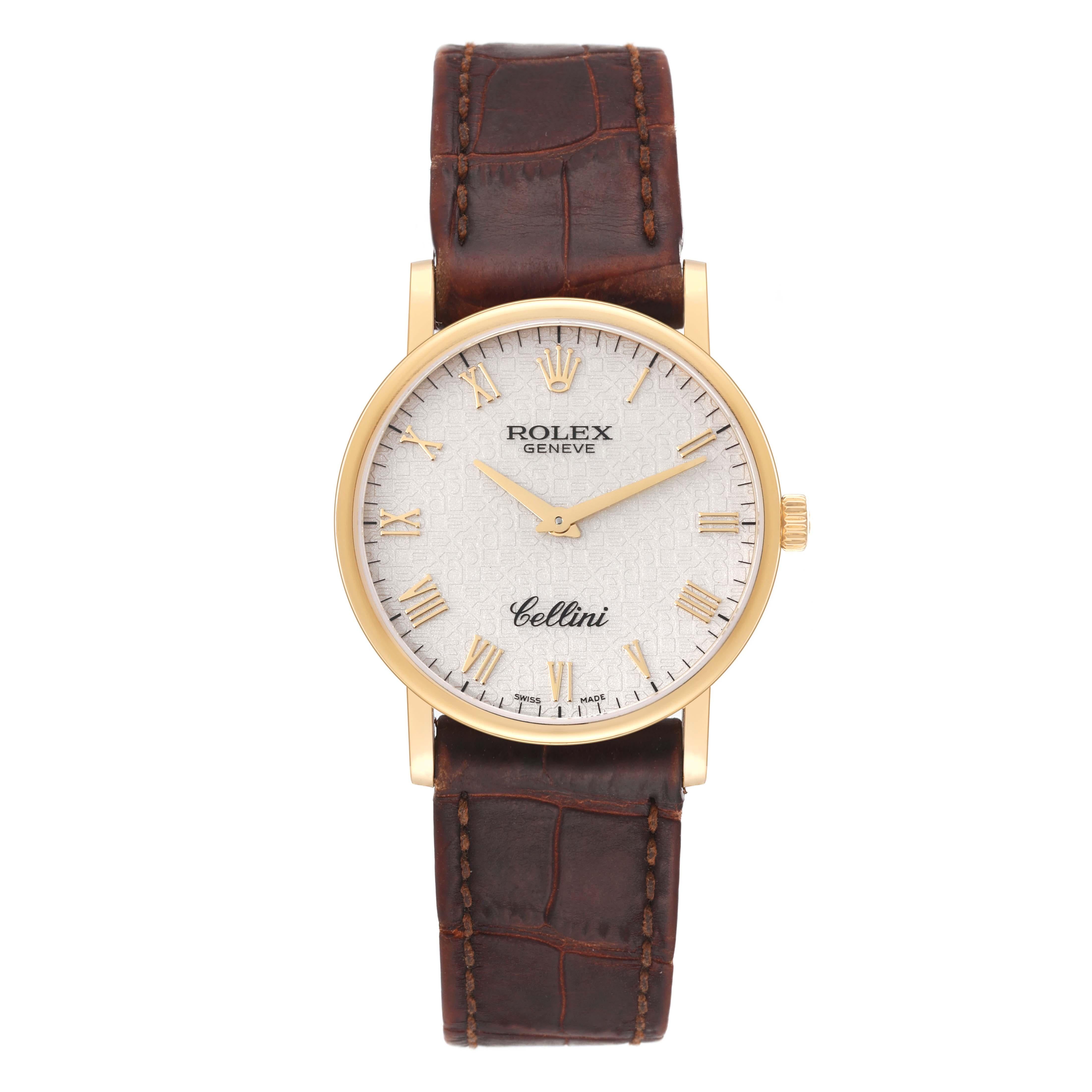 Rolex Cellini Classic Yellow Gold Ivory Anniversary Dial Mens Watch 5115 Card. Manual winding movement. 18K yellow gold slim case 32mm in diameter. 5.5mm case thickness. Rolex logo on the crown. . Scratch resistant sapphire crystal. Flat profile.