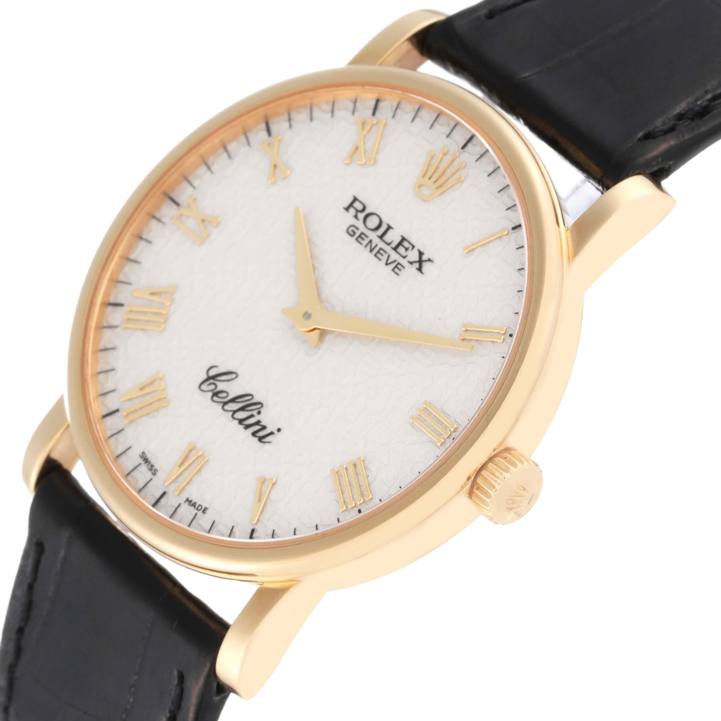 Rolex Cellini Classic Yellow Gold Ivory Anniversary Dial Mens Watch 5115 Card. Manual winding movement. 18k yellow gold slim case 32mm in diameter. 5.5mm case thickness. Rolex logo on the crown. . Scratch resistant sapphire crystal. Flat profile.