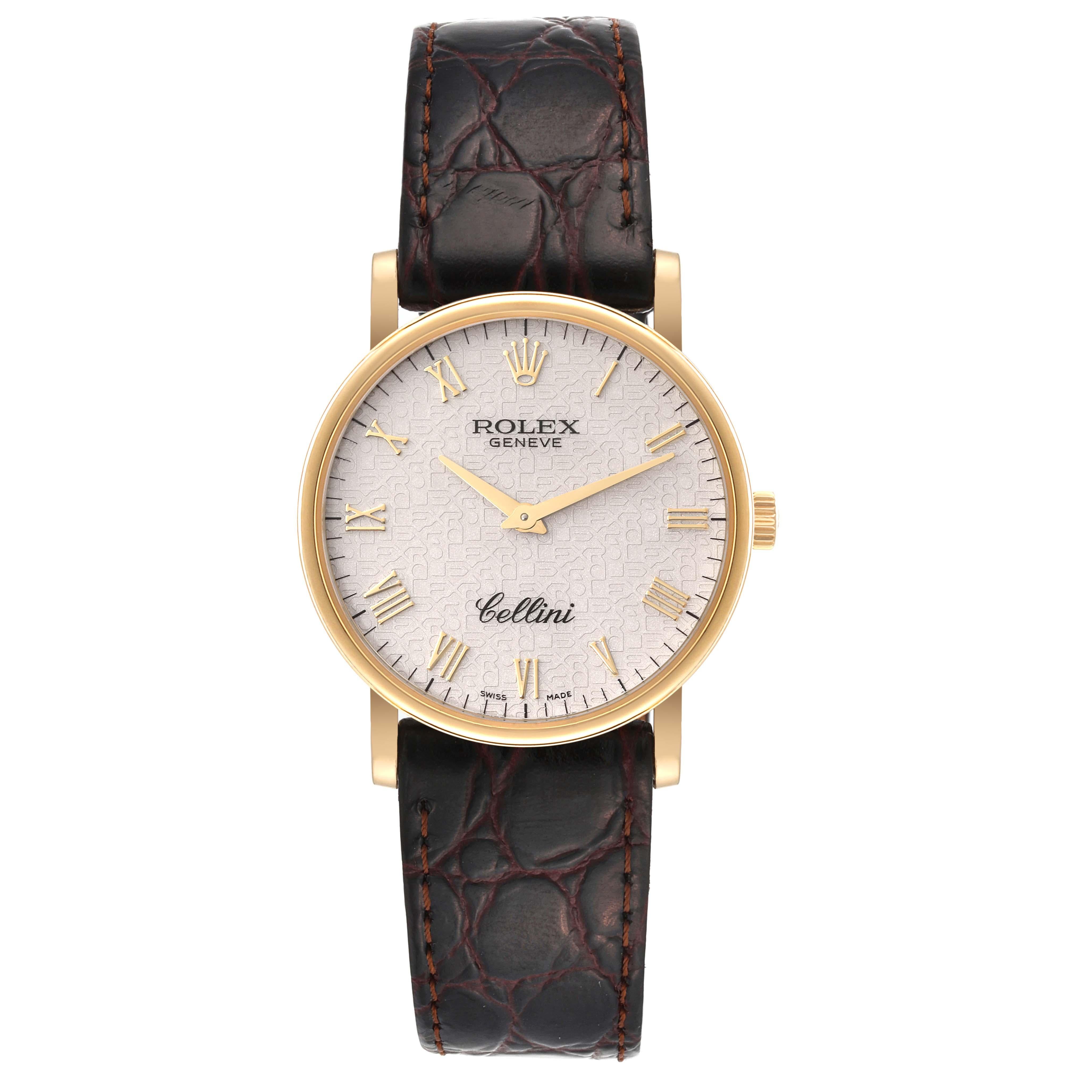 Rolex Cellini Classic Yellow Gold Ivory Anniversary Dial Mens Watch 5115. Manual winding movement. 18K yellow gold slim case 31.8 x 5.5 mm in diameter. Rolex logo on the crown. . Scratch resistant sapphire crystal. Flat profile. Ivory jubilee