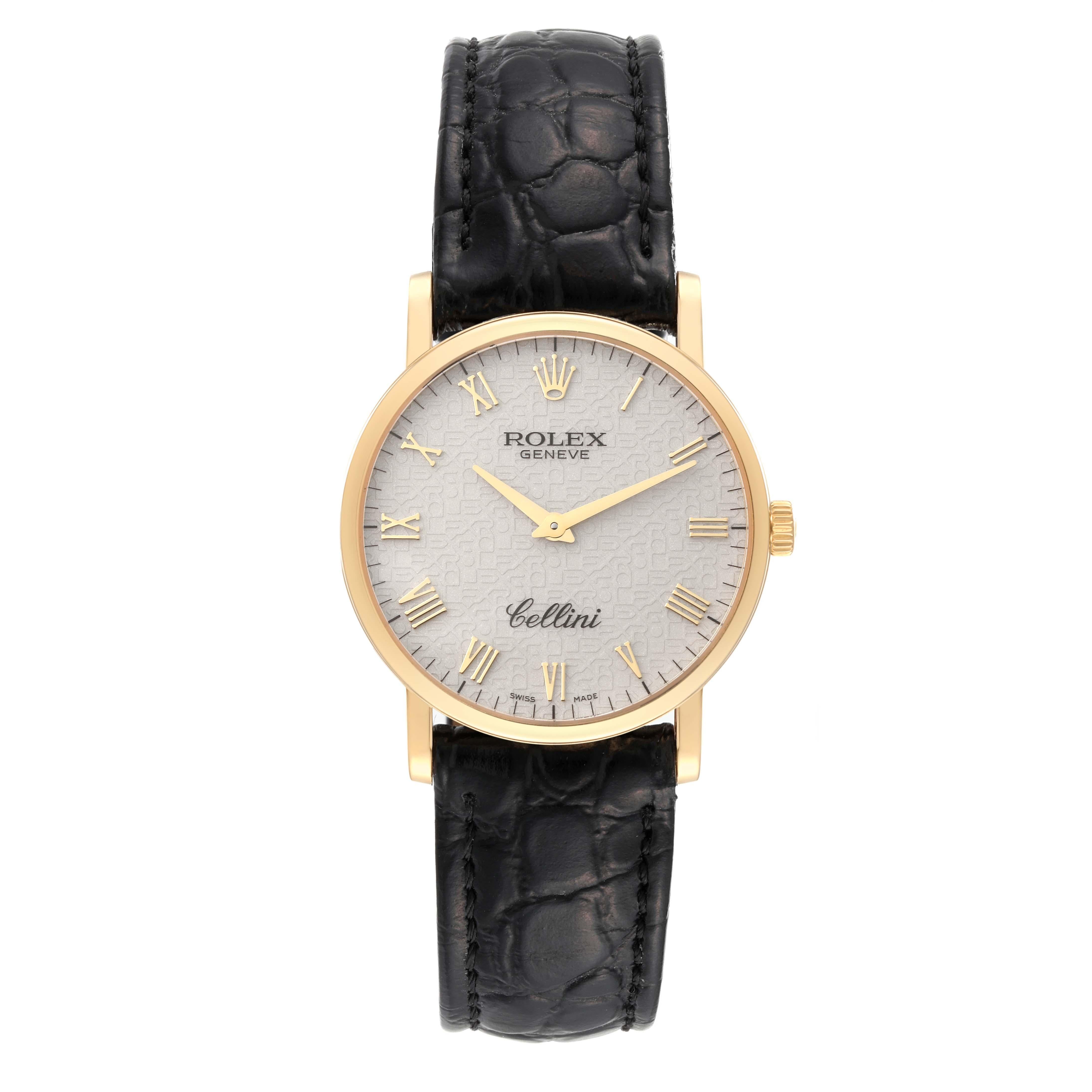 Rolex Cellini Classic Yellow Gold Ivory Anniversary Dial Mens Watch 5115. Manual winding movement. 18K yellow gold slim case 32mm in diameter. 5.5mm case thickness. Rolex logo on the crown. . Scratch resistant sapphire crystal. Flat profile. Ivory