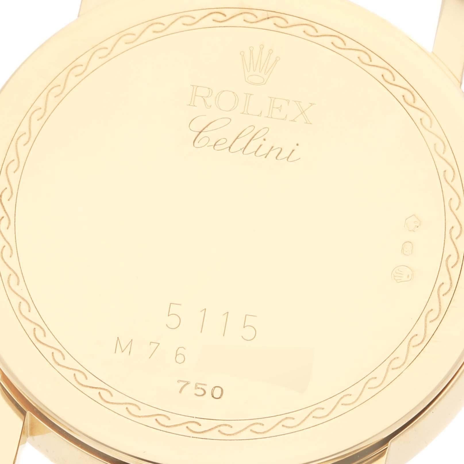 Rolex Cellini Classic Yellow Gold Ivory Anniversary Dial Mens Watch 5115. Manual winding movement. 18k yellow gold slim case 32mm in diameter. 5.5mm case thickness. Rolex logo on the crown. . Scratch resistant sapphire crystal. Flat profile. Ivory