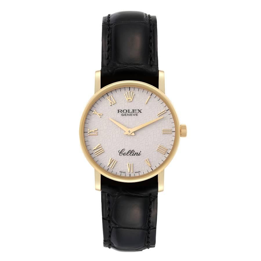 Rolex Cellini Classic Yellow Gold Ivory Anniversary Dial Watch 5115. Manual winding movement. 18K yellow gold slim case 32mm in diameter. 5.5mm case thickness. Rolex logo on the crown. . Scratch resistant sapphire crystal. Flat profile. Ivory