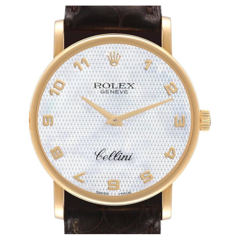 Rolex Cellini Classic Yellow Gold MOP Dial Brown Strap Watch 5115